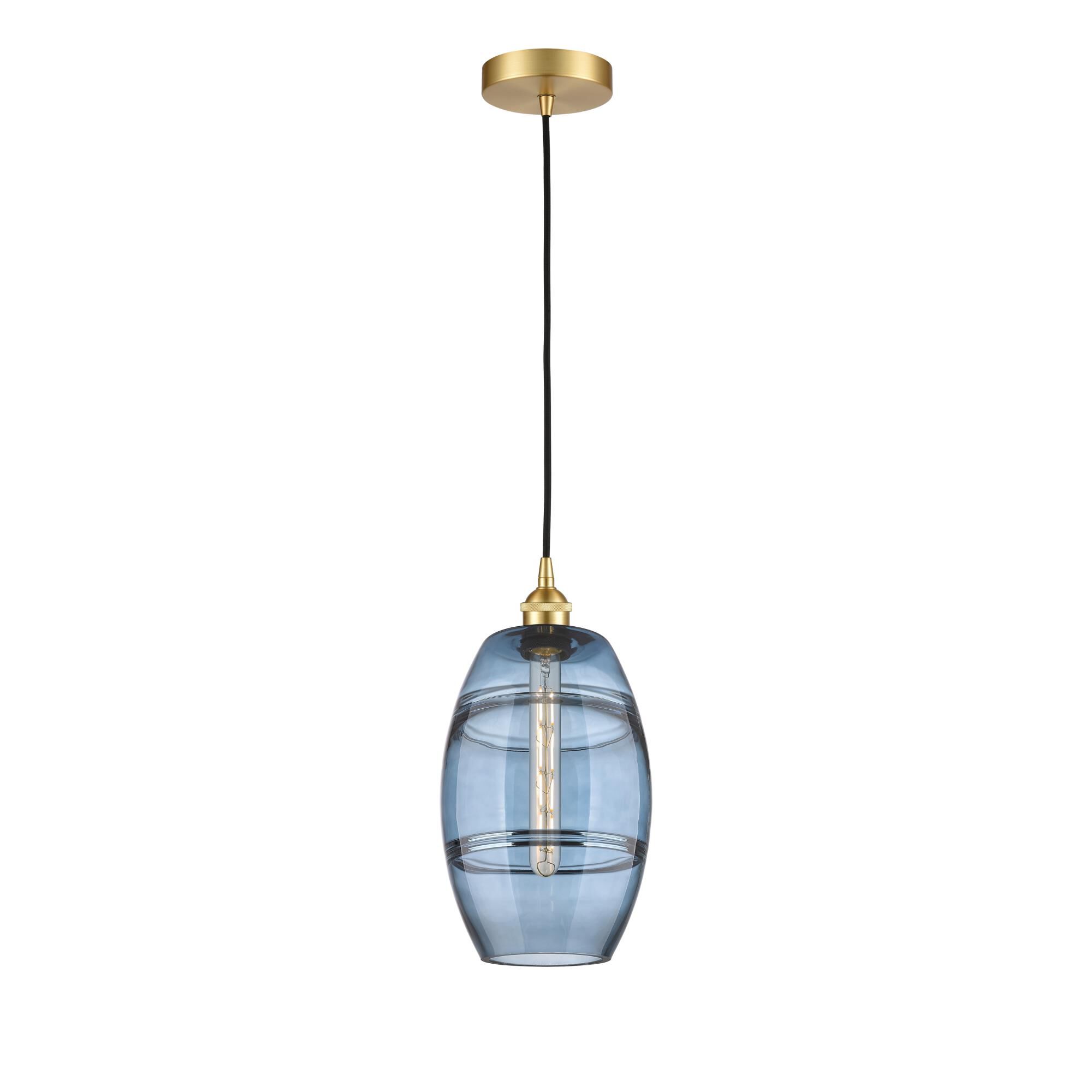 Shown in Satin Gold finish and Princess Blue glass