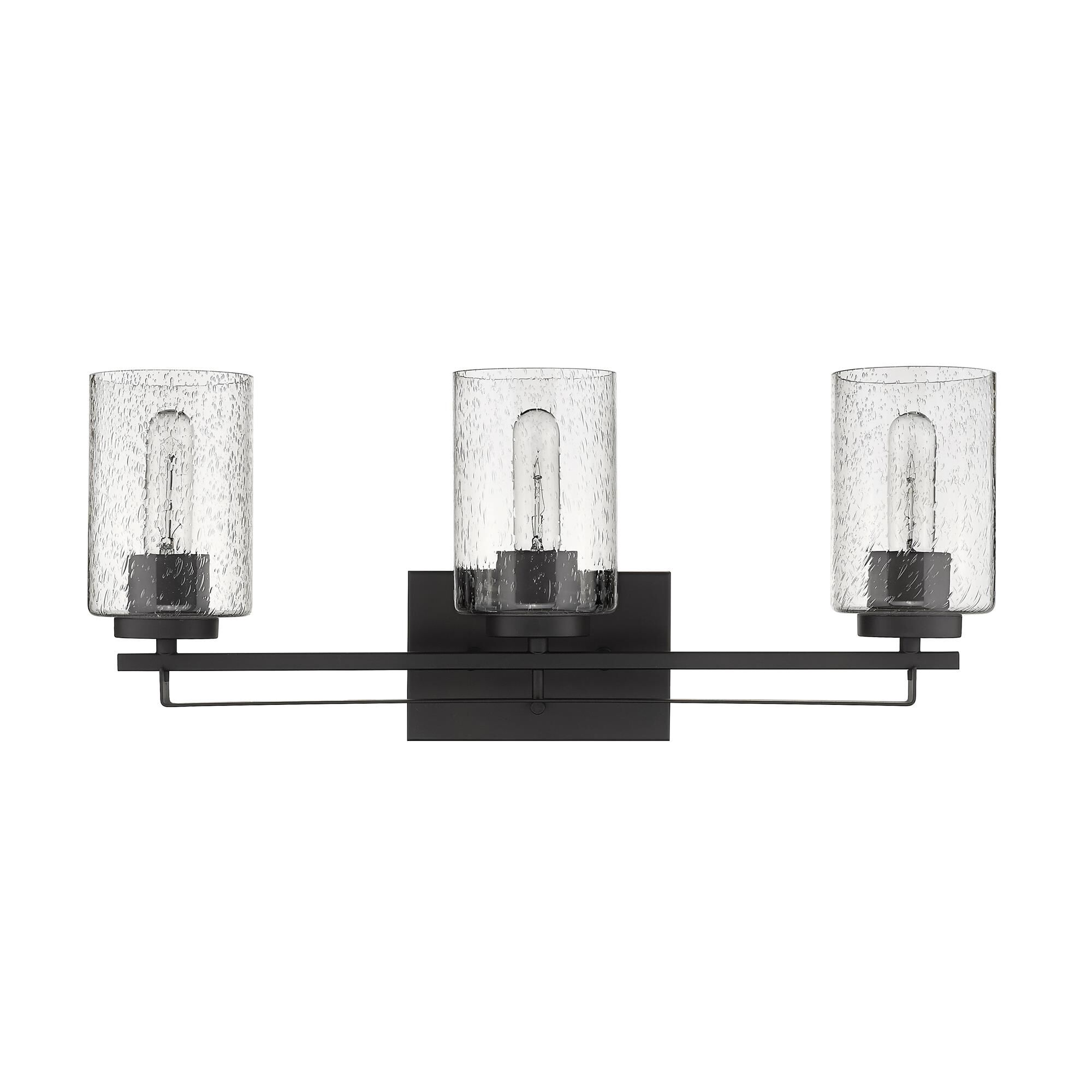 Shown in Oil-Rubbed Bronze finish and Clear glass and Clear, Seeded Cylindrical Glass s shade