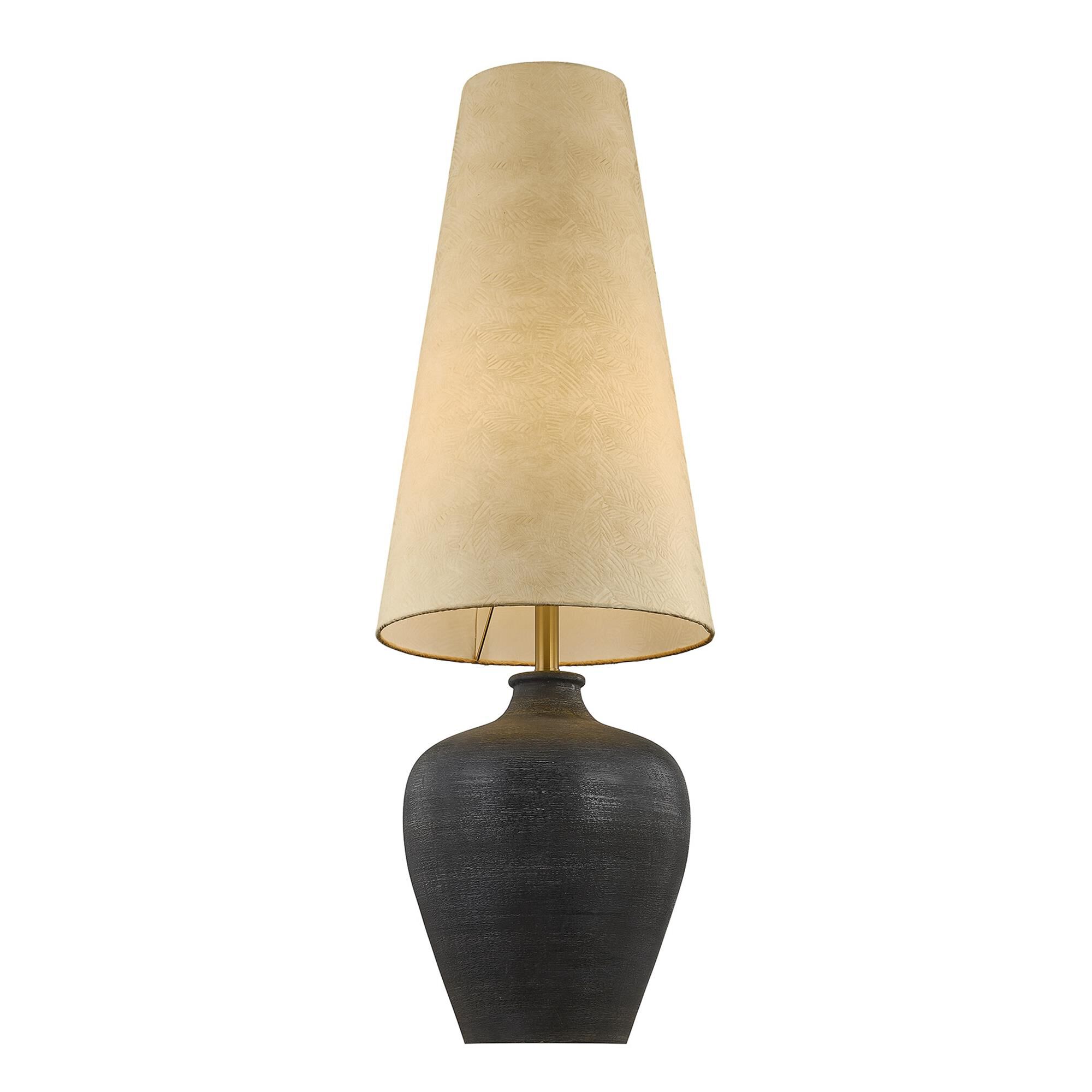 Shown in Warm Brass finish and Textured Beige Paper shade