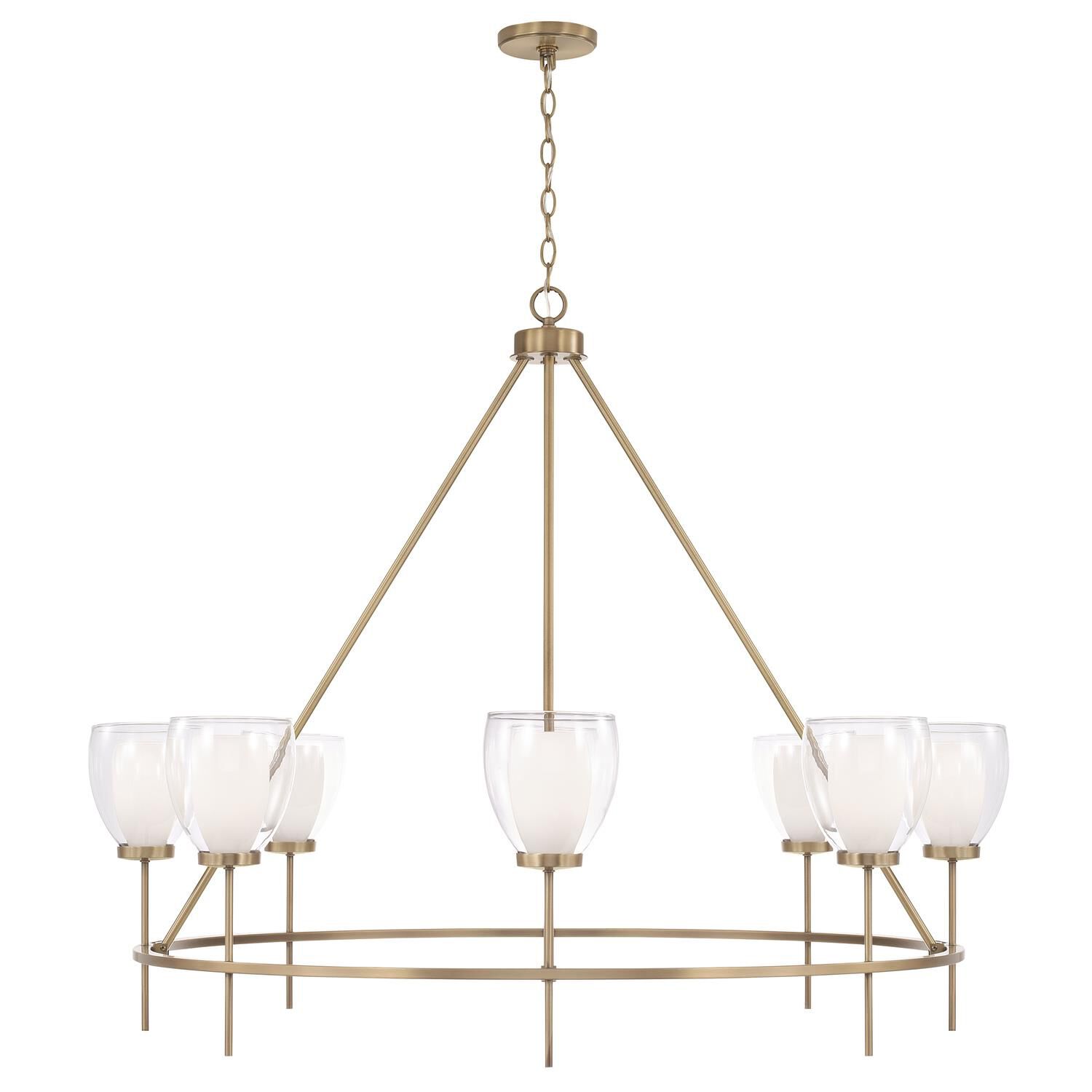 Shown in Aged Brass finish and Layered White And Clear glass