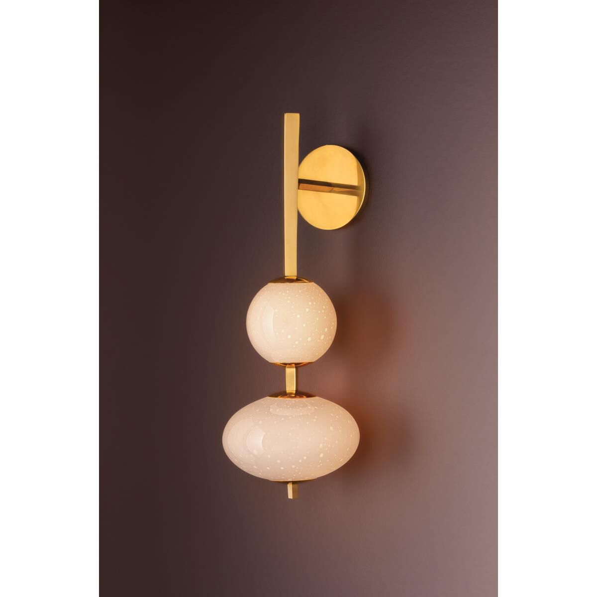 Shown in Vintage Brass finish and Seeded Opal glass