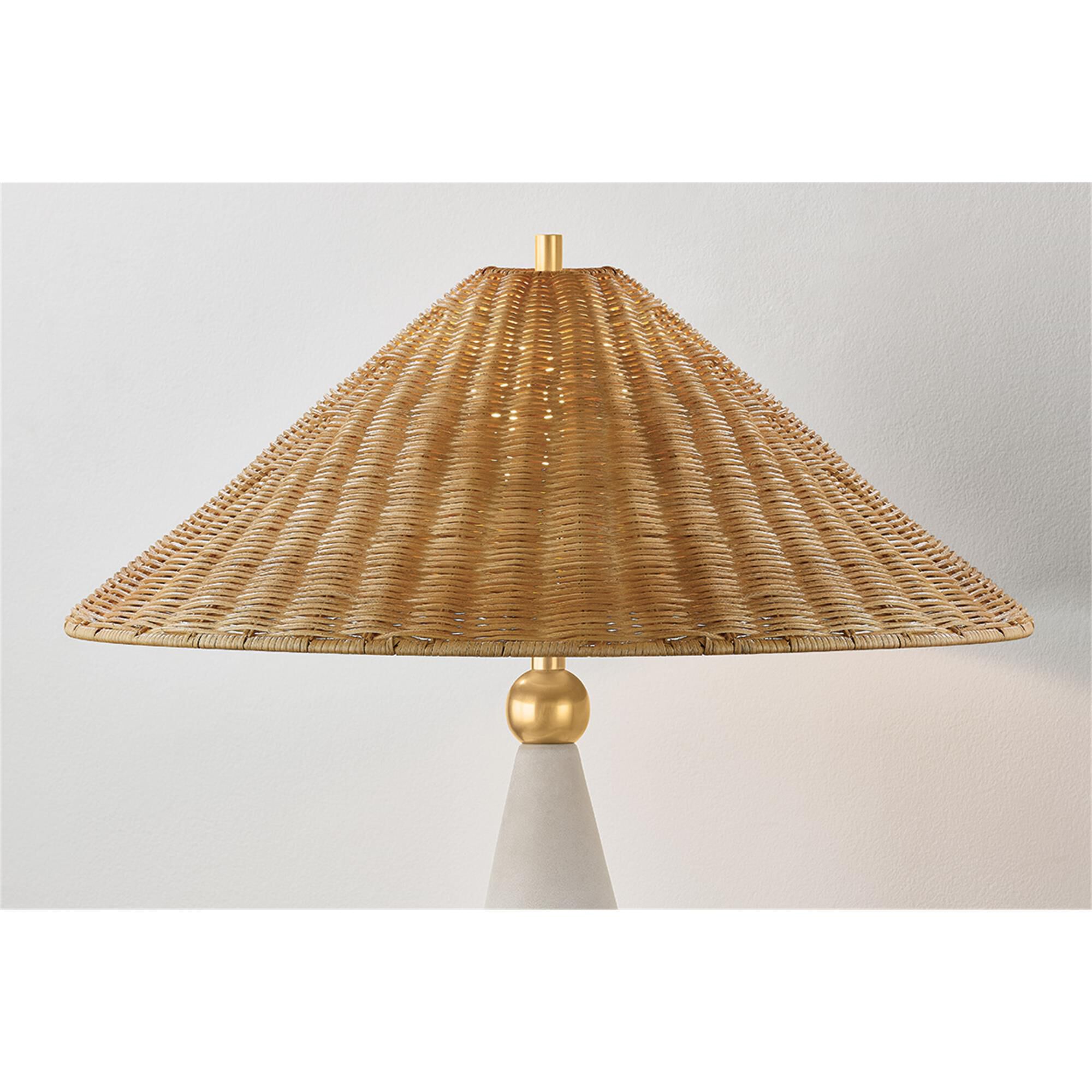 Shown in Aged Brass/ Ceramic Windswept White finish and Vintage Natural Wicker shade