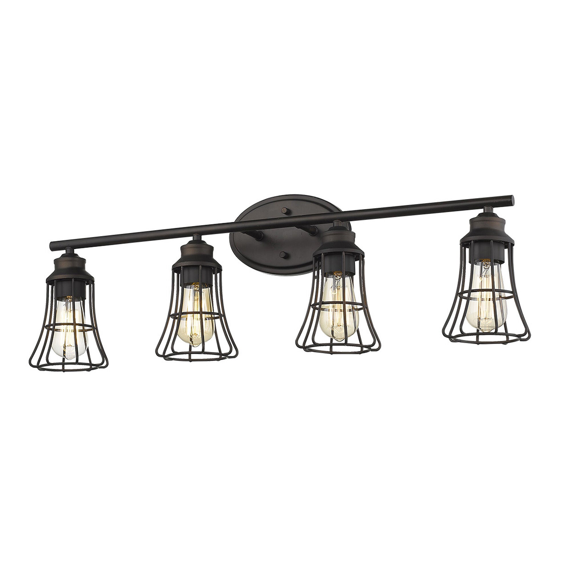 Shown in Oil-Rubbed Bronze finish and Oil-Rubbed Bronze glass and Oil-Rubbed Bronze, Geometric Metal Cage s shade