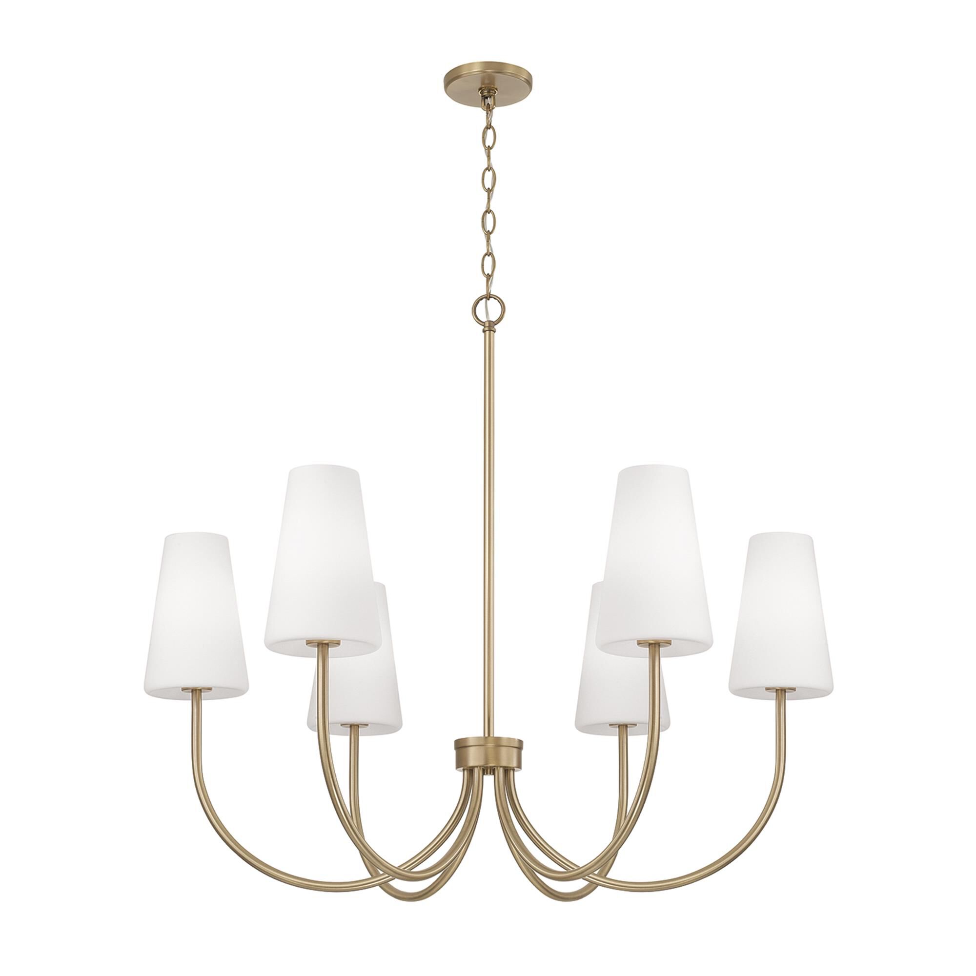 Shown in Aged Brass finish and Soft White glass