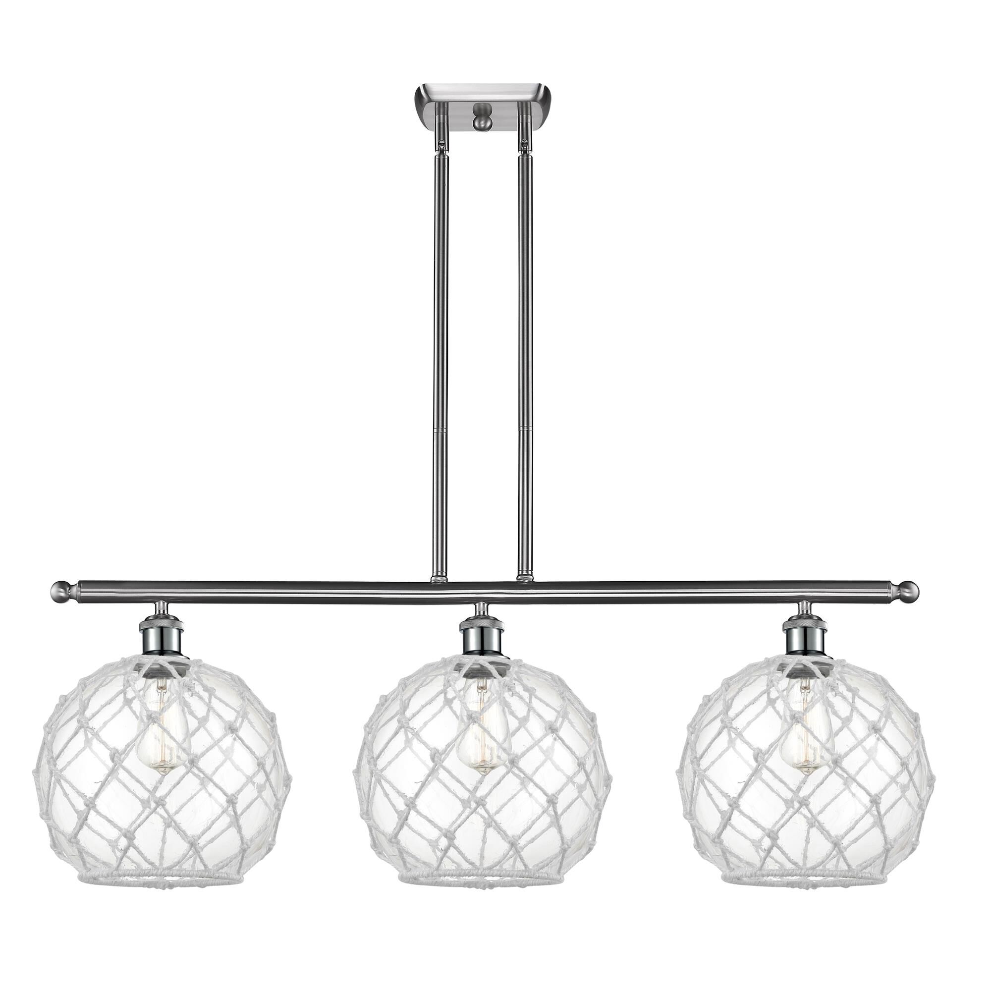 Shown in Brushed Satin Nickel finish and Sphere glass and Glass And Rope shade