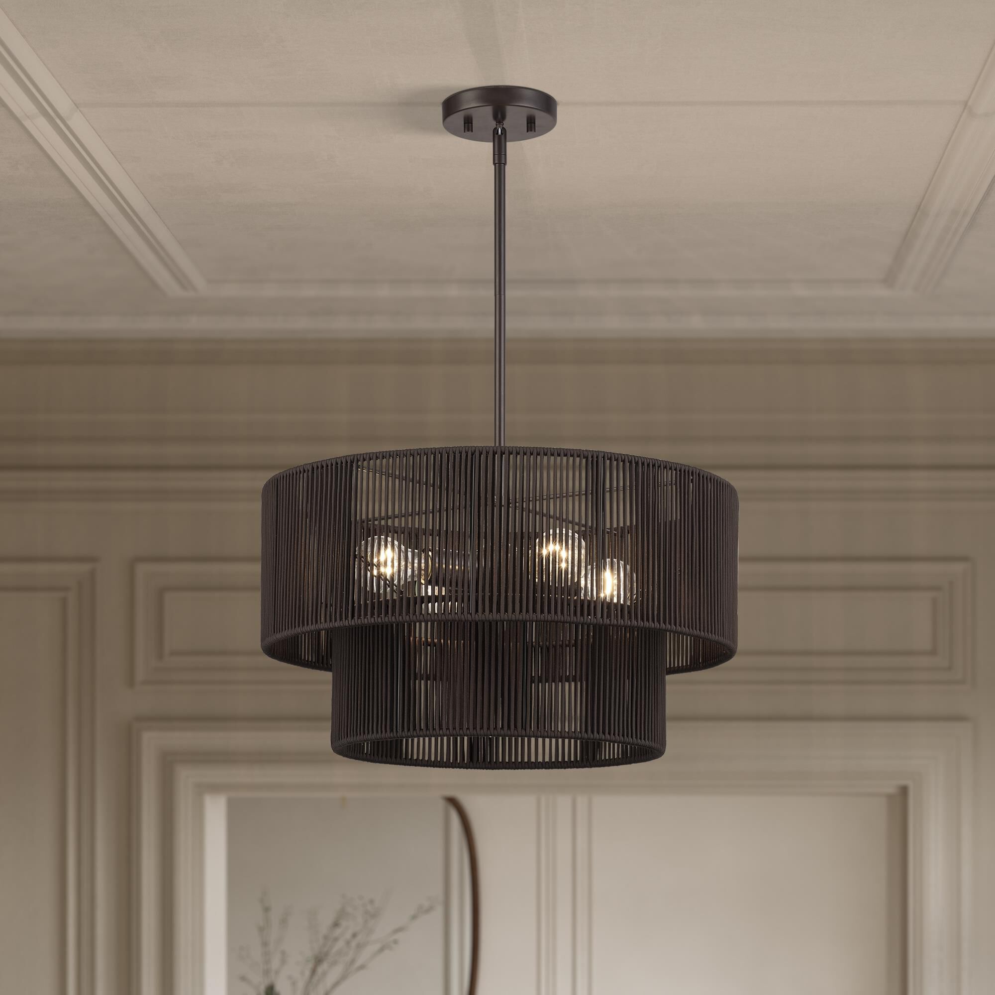 Shown in English Bronze finish and Hand-Woven Dark Chocolate Color Polyester Rope shade