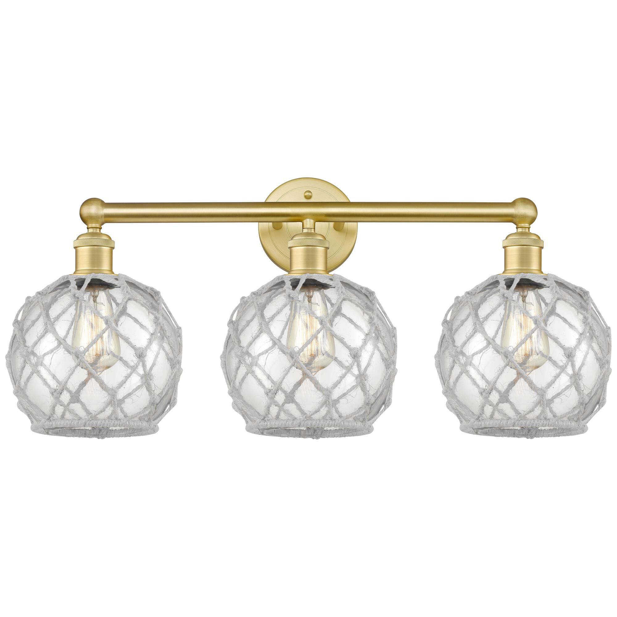 Shown in Satin Gold finish and Clear with White Rope glass