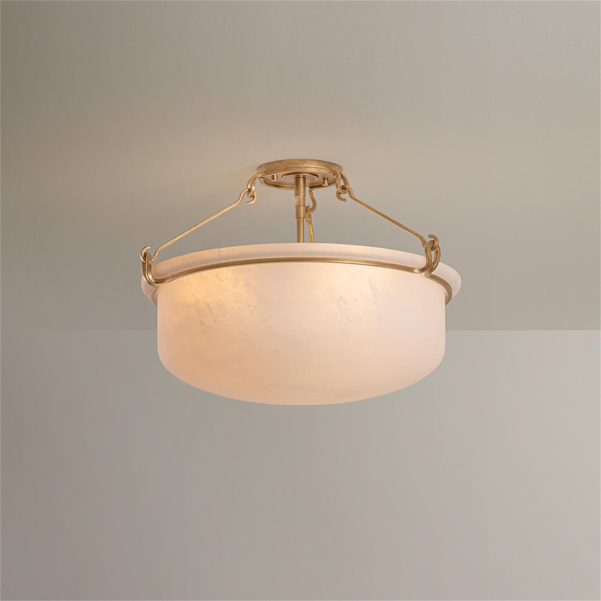 Shown in Patina Gold Leaf finish and Matte Cloud glass