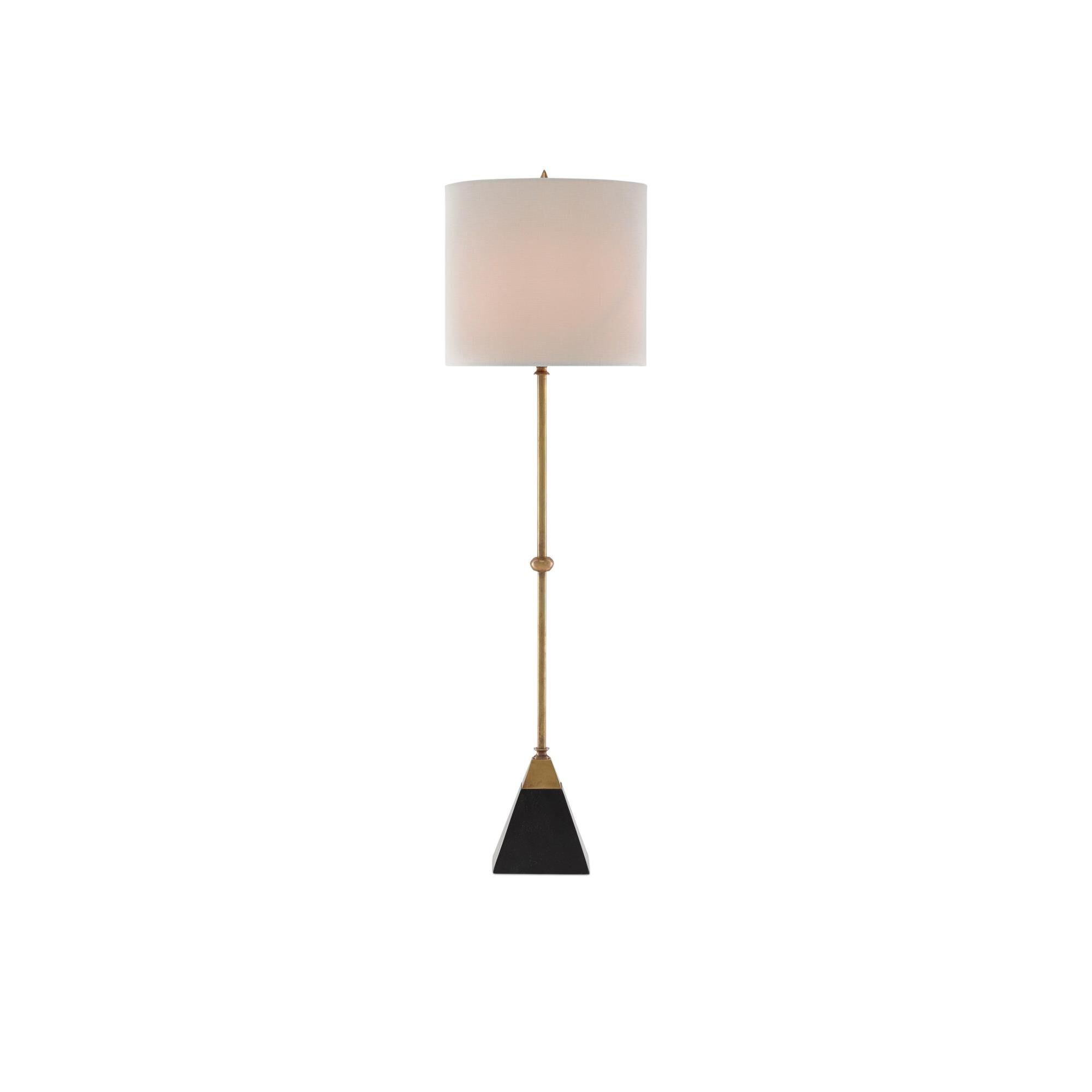 Shown in Vintage Brass-Black finish and Bone Linen shade