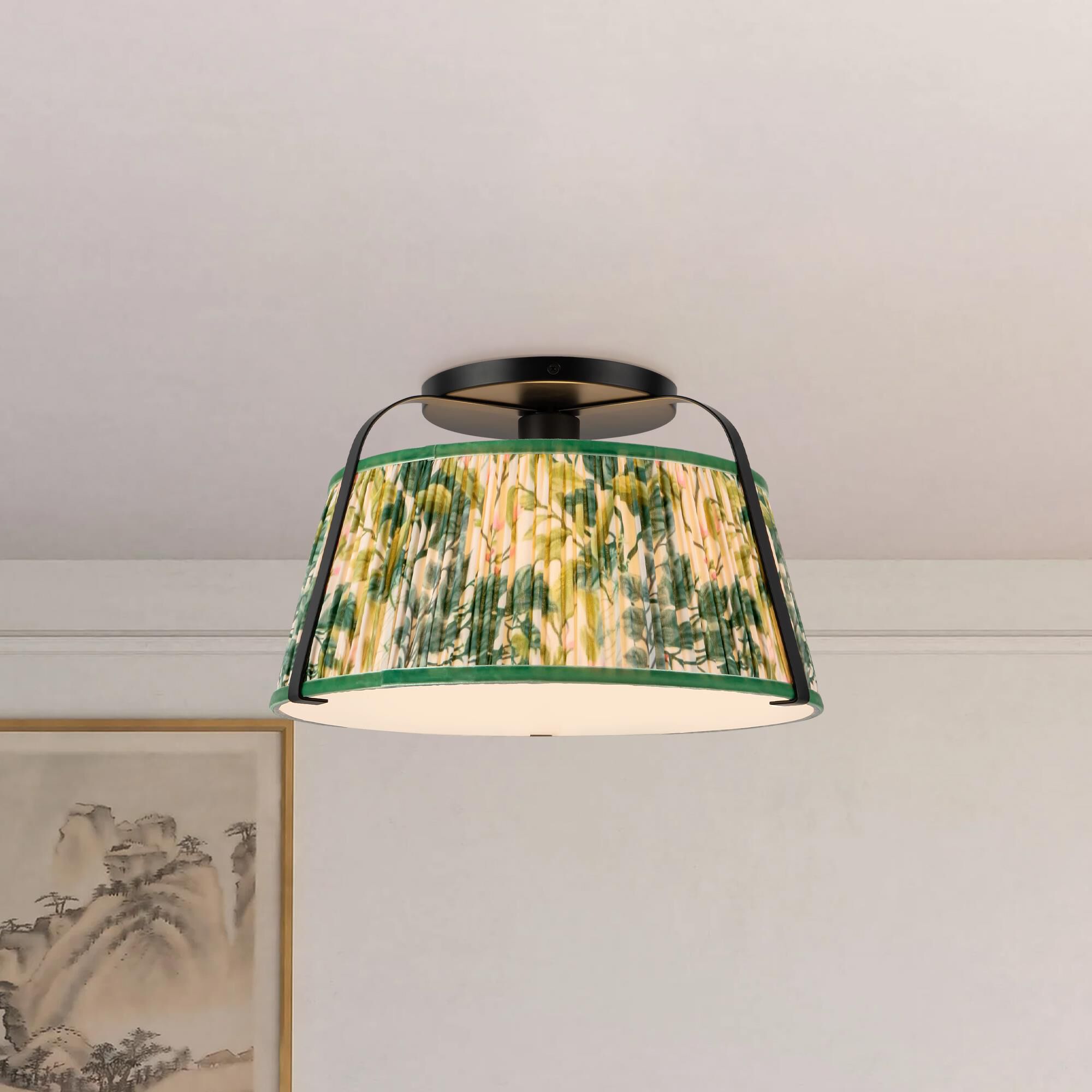 Shown in Matte Black finish and Frosted Polycarbonate Diffuser glass and Green Linen shade