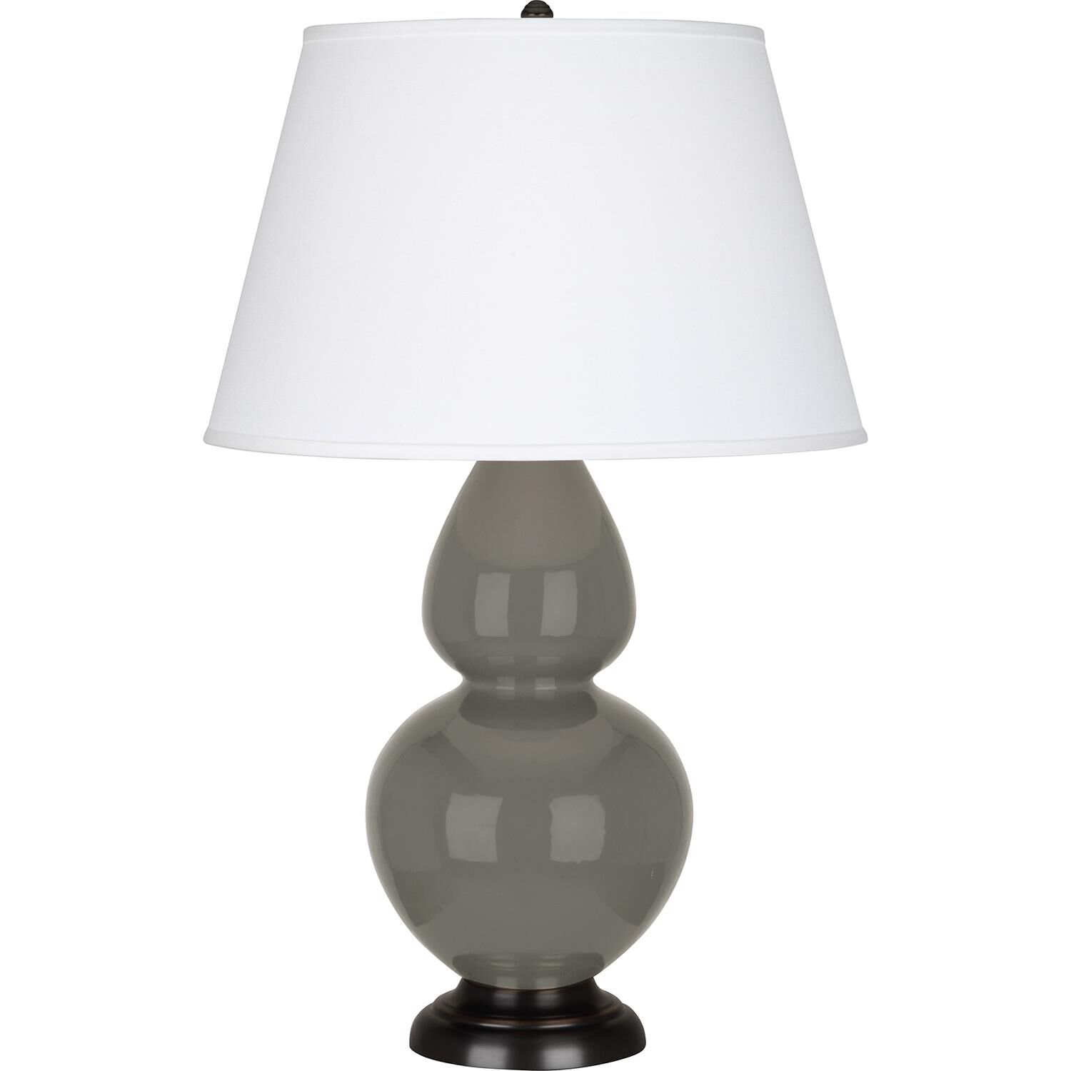 Shown in Ash Glazed Ceramic With Deep Patina Bronze ed Accents finish and Pearl Dupioni Fabric shade