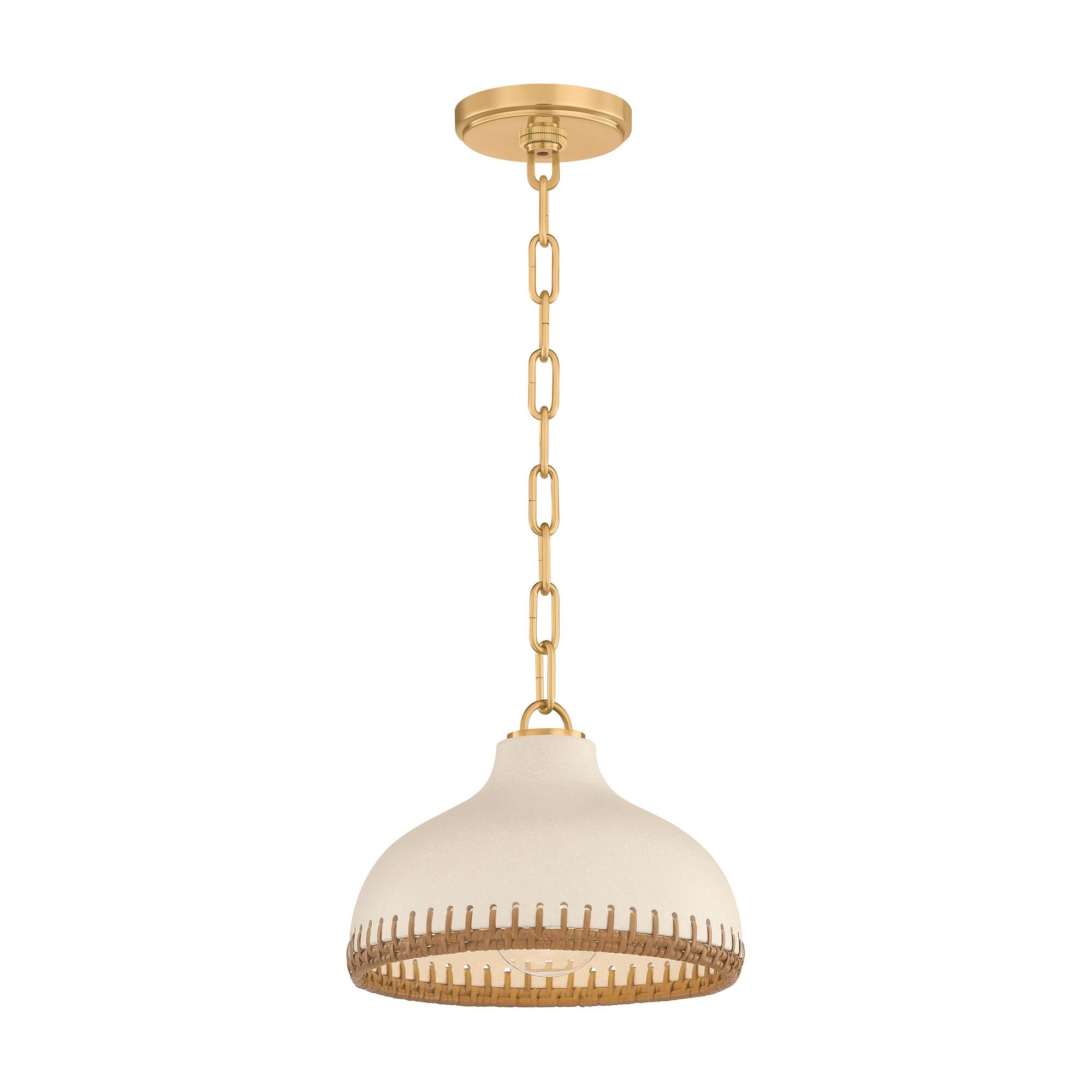 Shown in Aged Brass and Ceramic Cream Pebble finish and Rattan Weave Ceramic shade