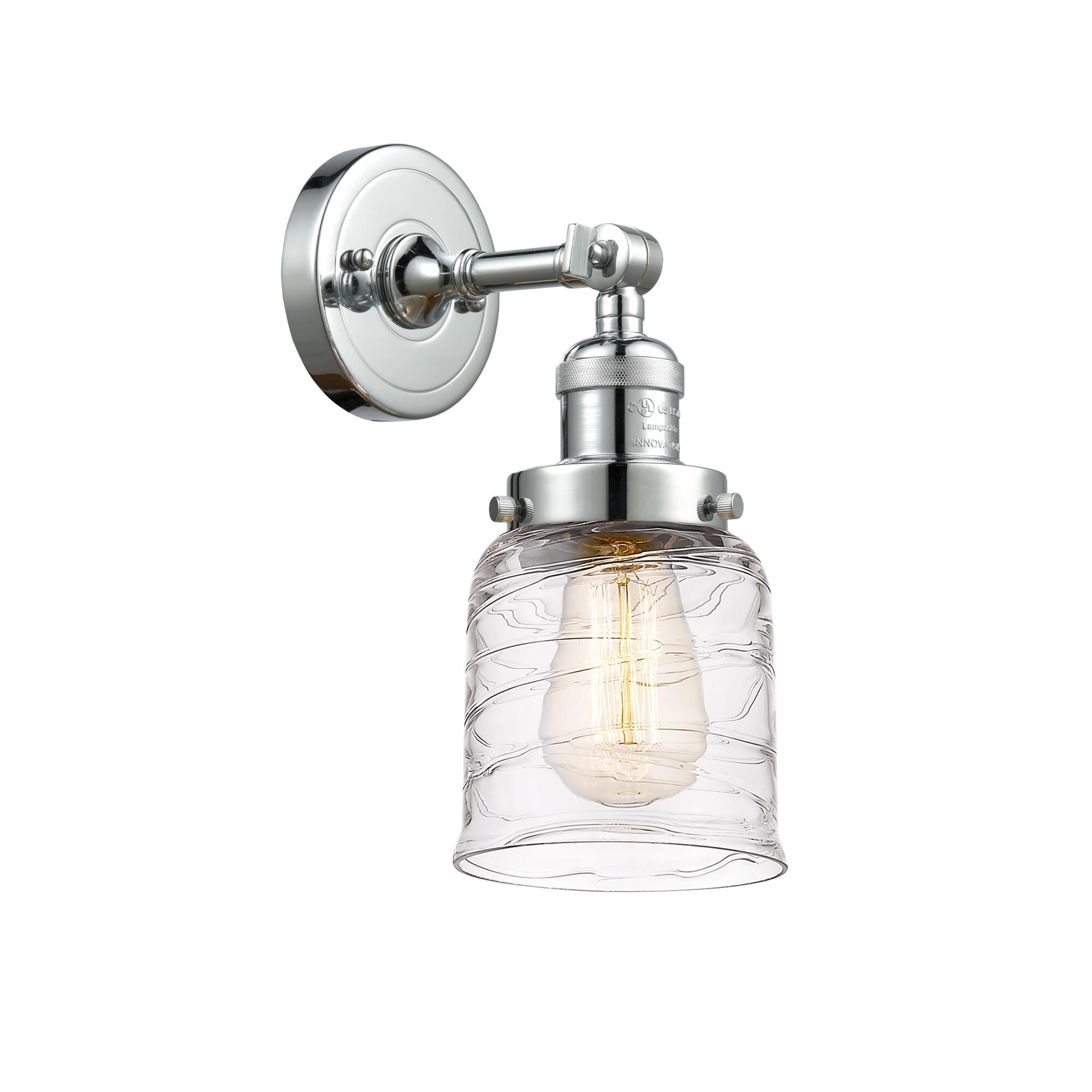 Shown in Polished Chrome finish and Clear Deco Swirl Small Bell glass