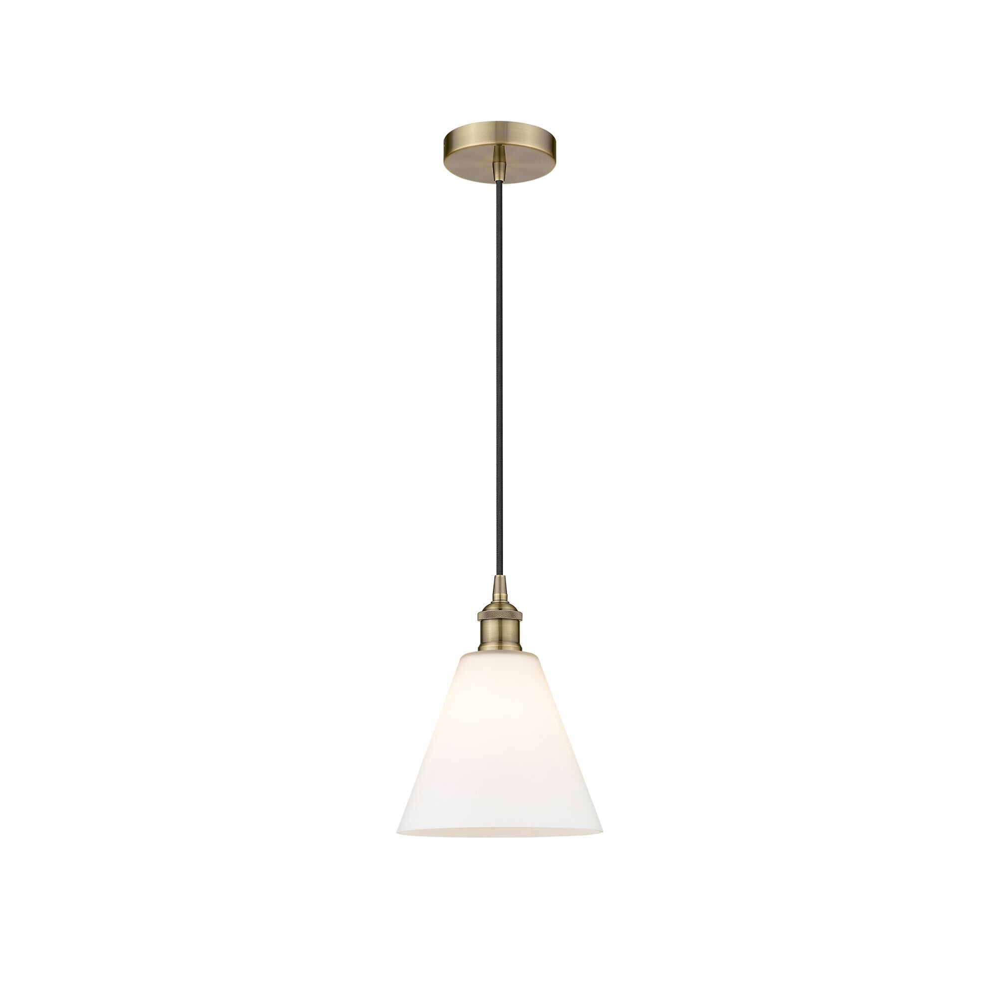 Shown in Antique Brass finish and Matte White glass