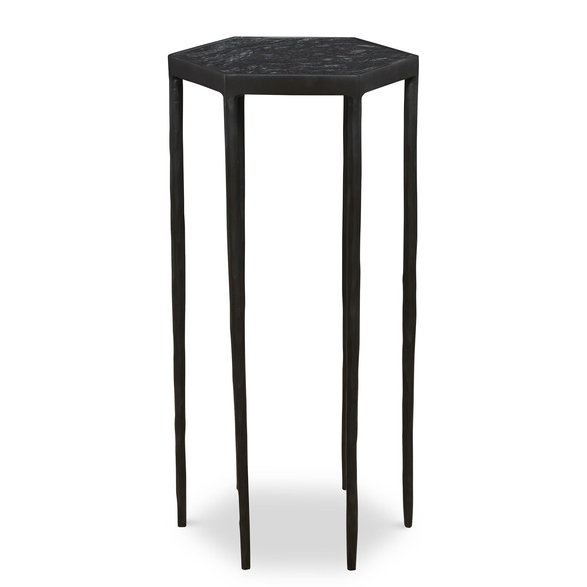 Shown in This Striking Hexagonal Table Features A Chiseled Iron Base Finished In Satin Black Paired With A Ho finish