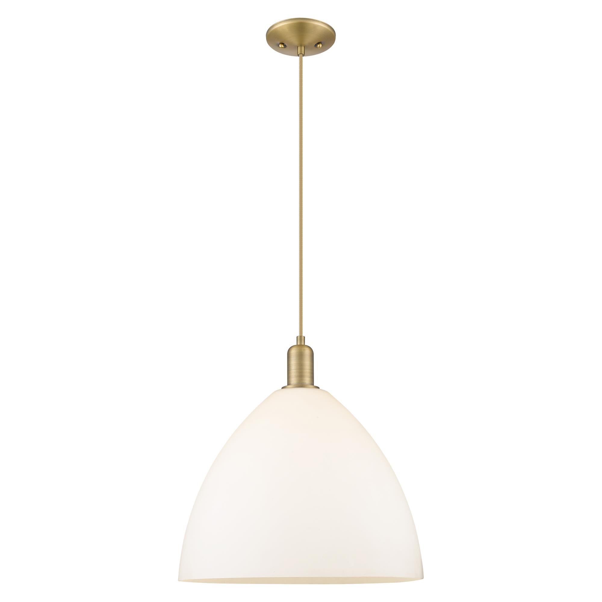 Shown in Brushed Brass finish and Matte White glass