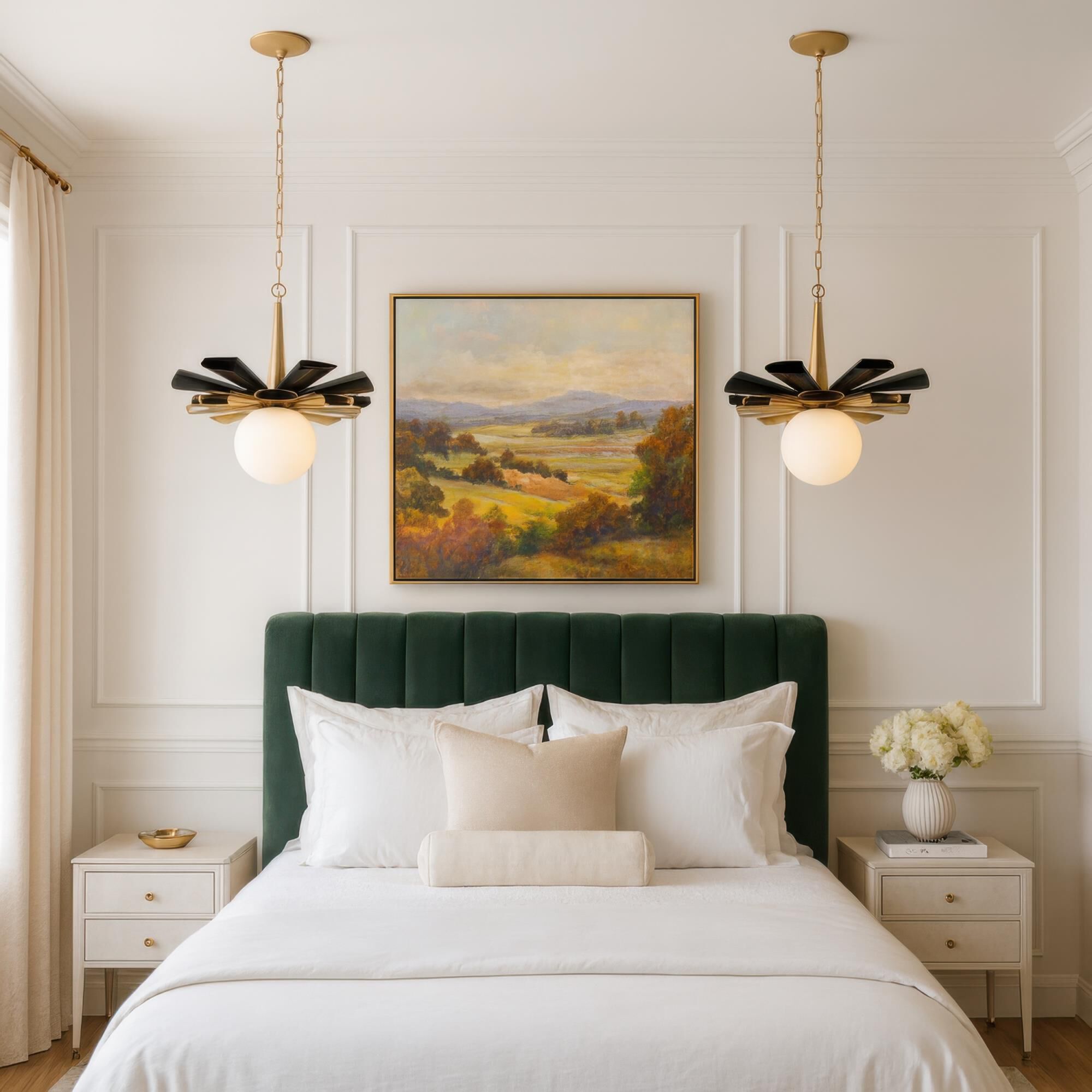 Shown in Black and Gold finish and Frosted Opal White glass