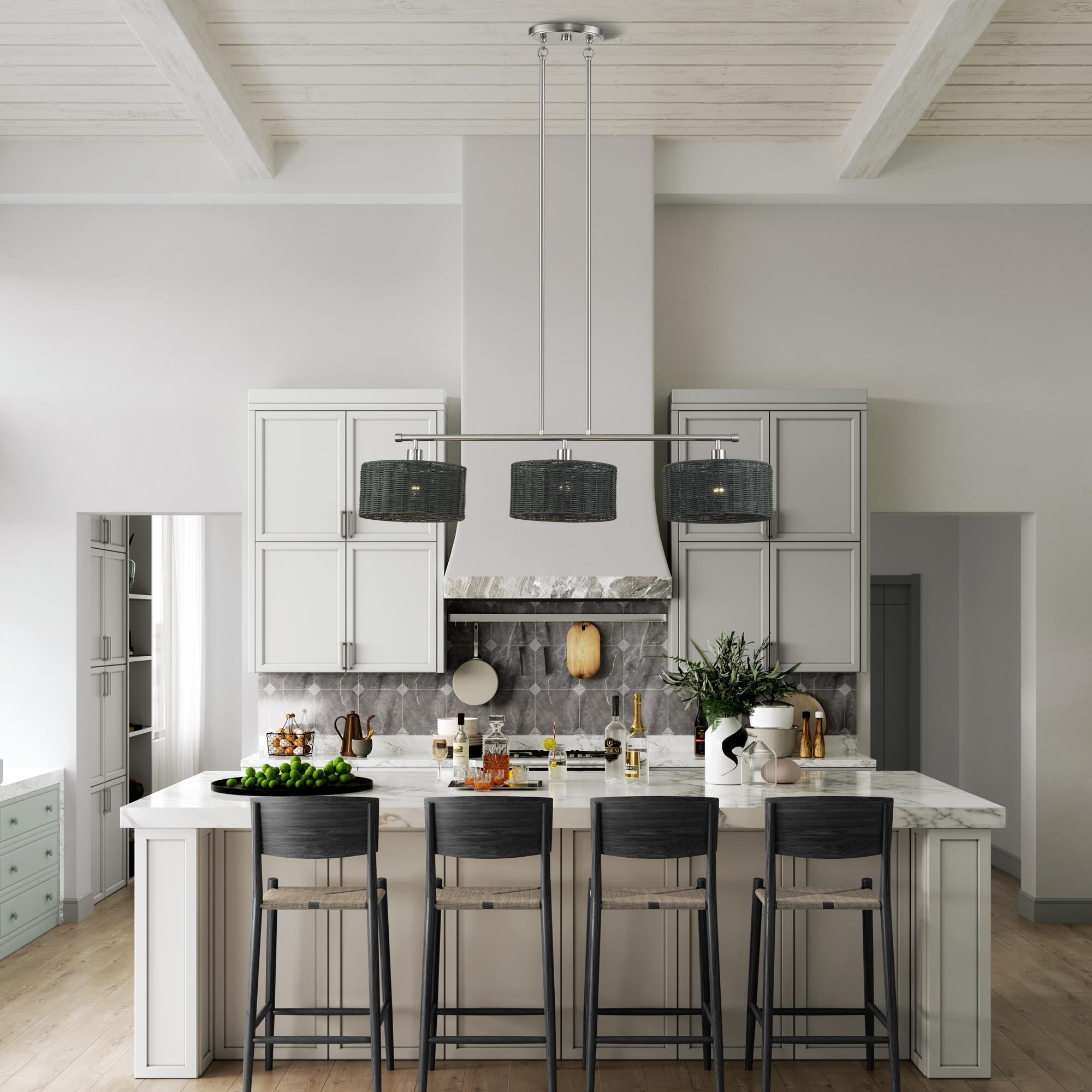 Shown in Brushed Nickel finish and Hand-Woven Charred Gray Color Rattan shade