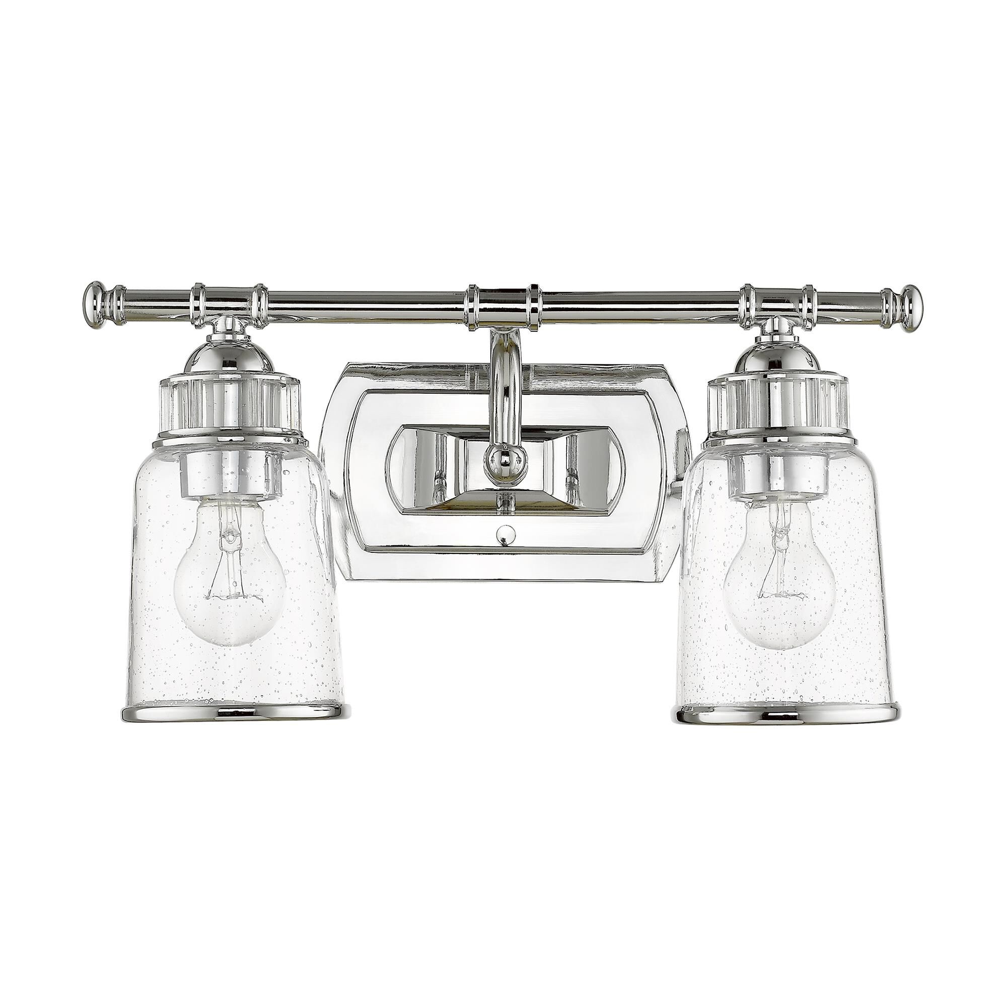 Shown in Polished Chrome finish and Hand Blown Clear Seeded glass