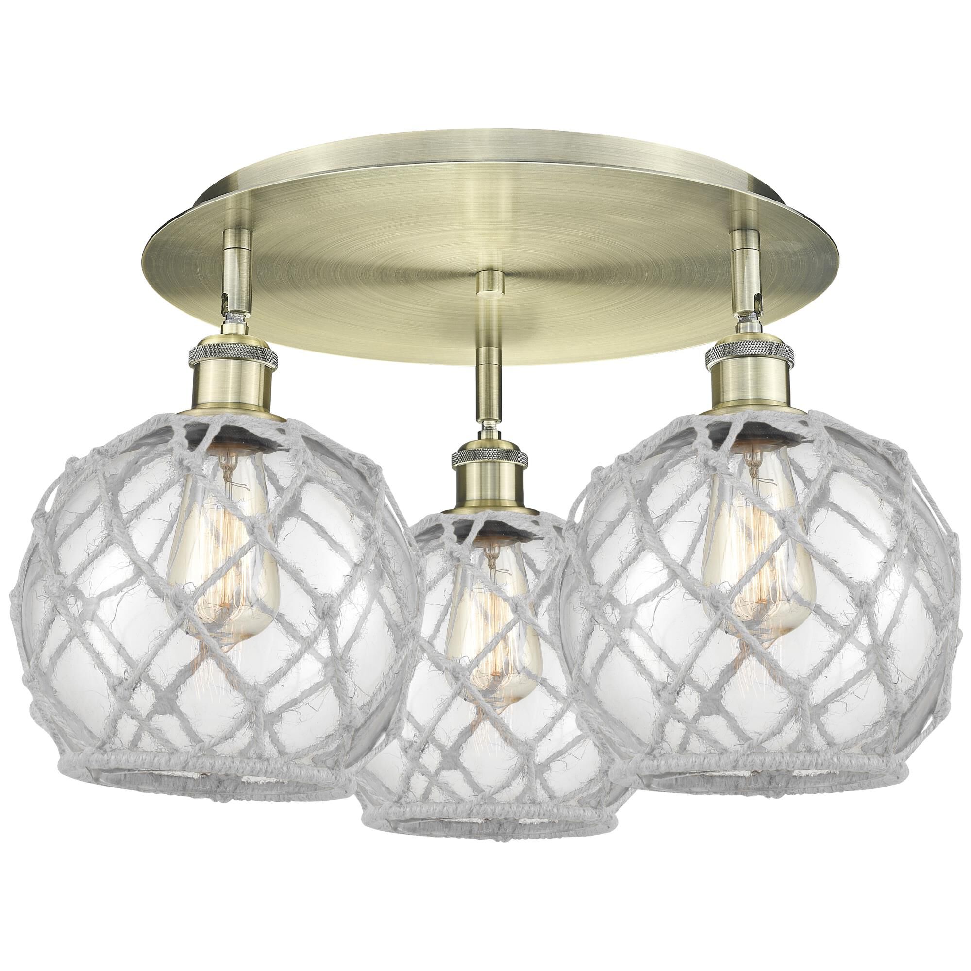 Shown in Antique Brass finish and Clear with White Rope glass