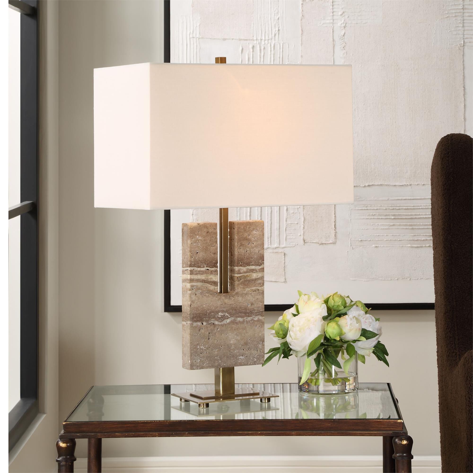 Shown in This Striking Lamp Features A U-Shaped Unfilled Honed Travertine Design, Artfully Displayed On An Sl finish and Rectangle Fabric shade