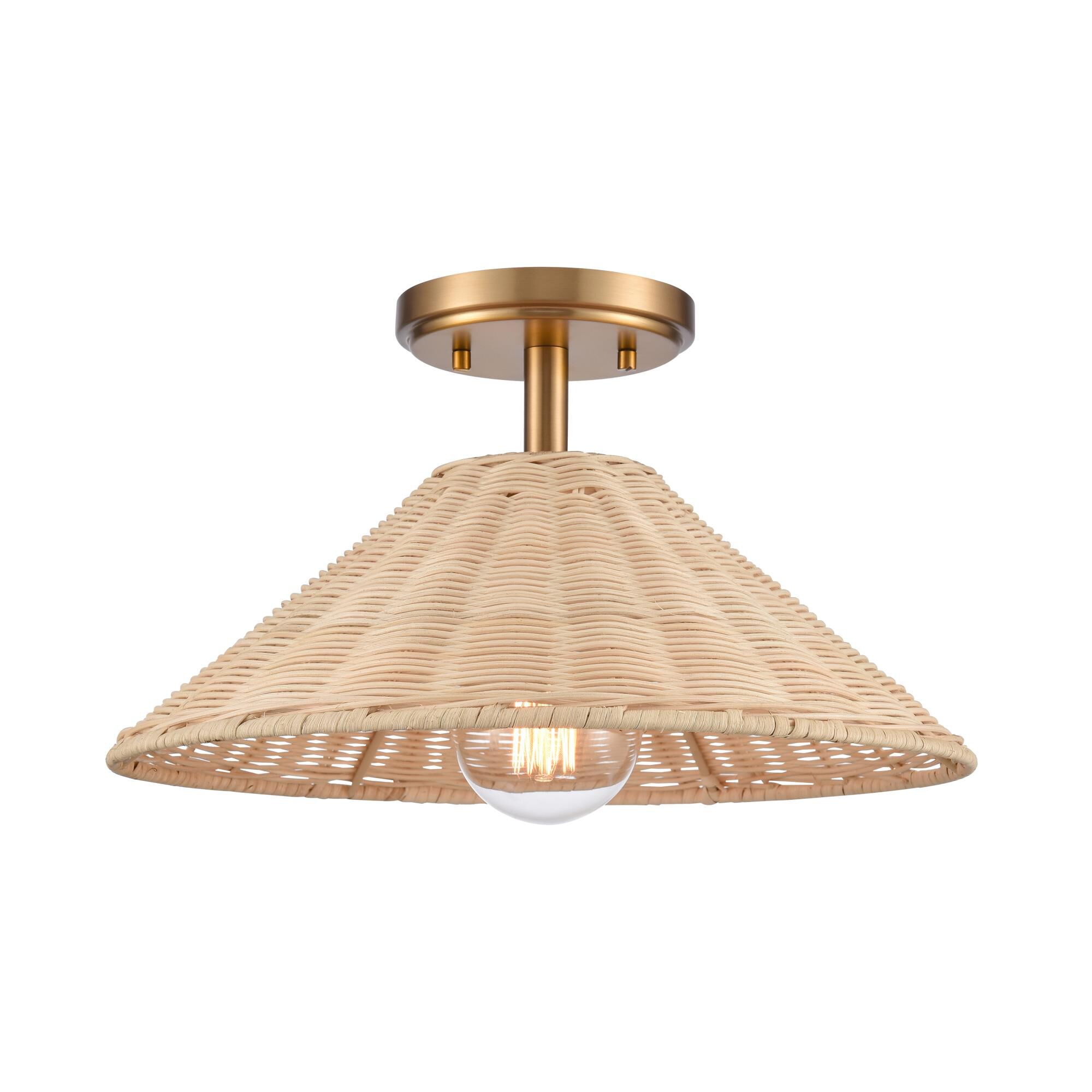 Shown in Brushed Gold finish and Natural Woven Rattan Cone Shade glass and Natural Woven Rattan Cone shade