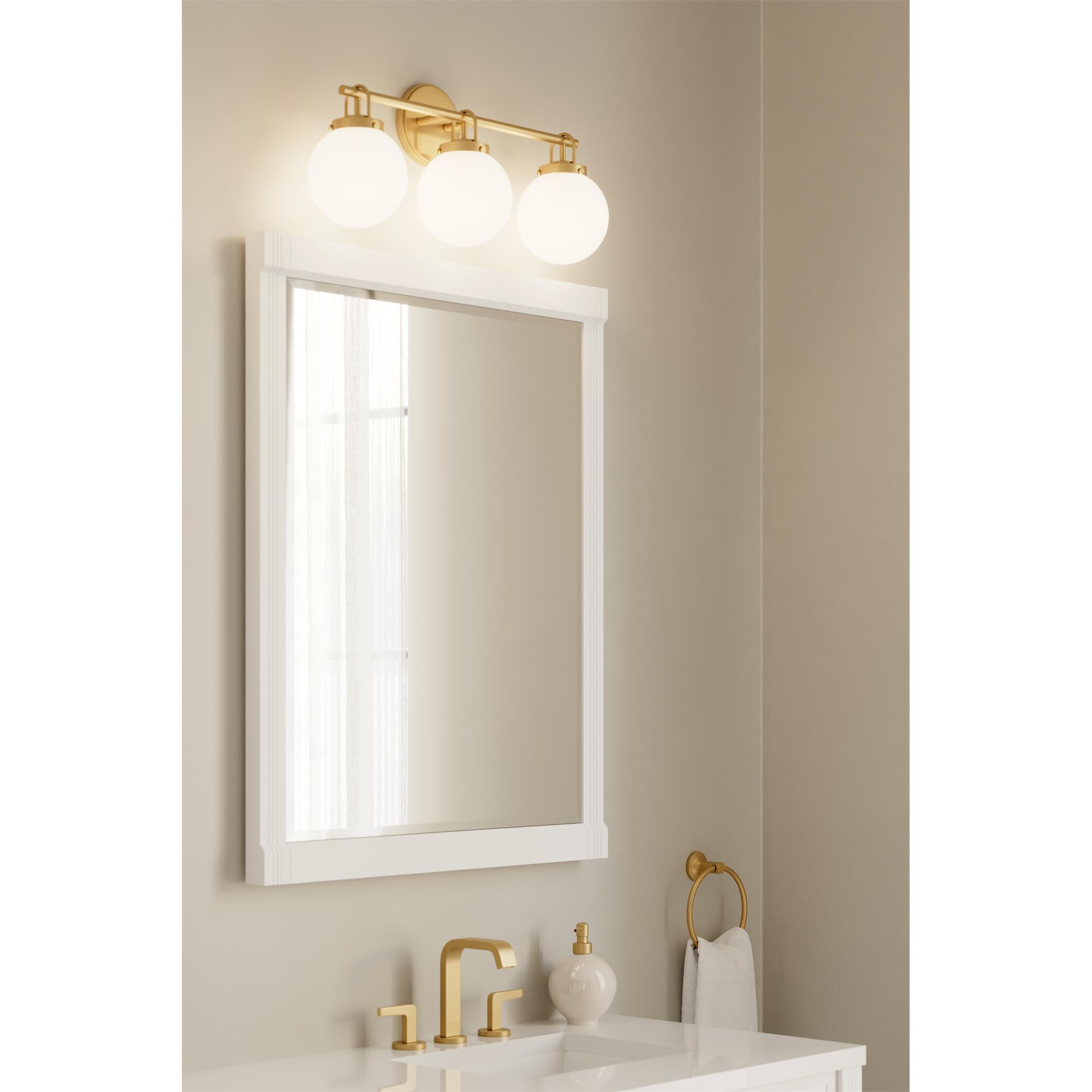Shown in Legacy Brass finish and Etched White glass