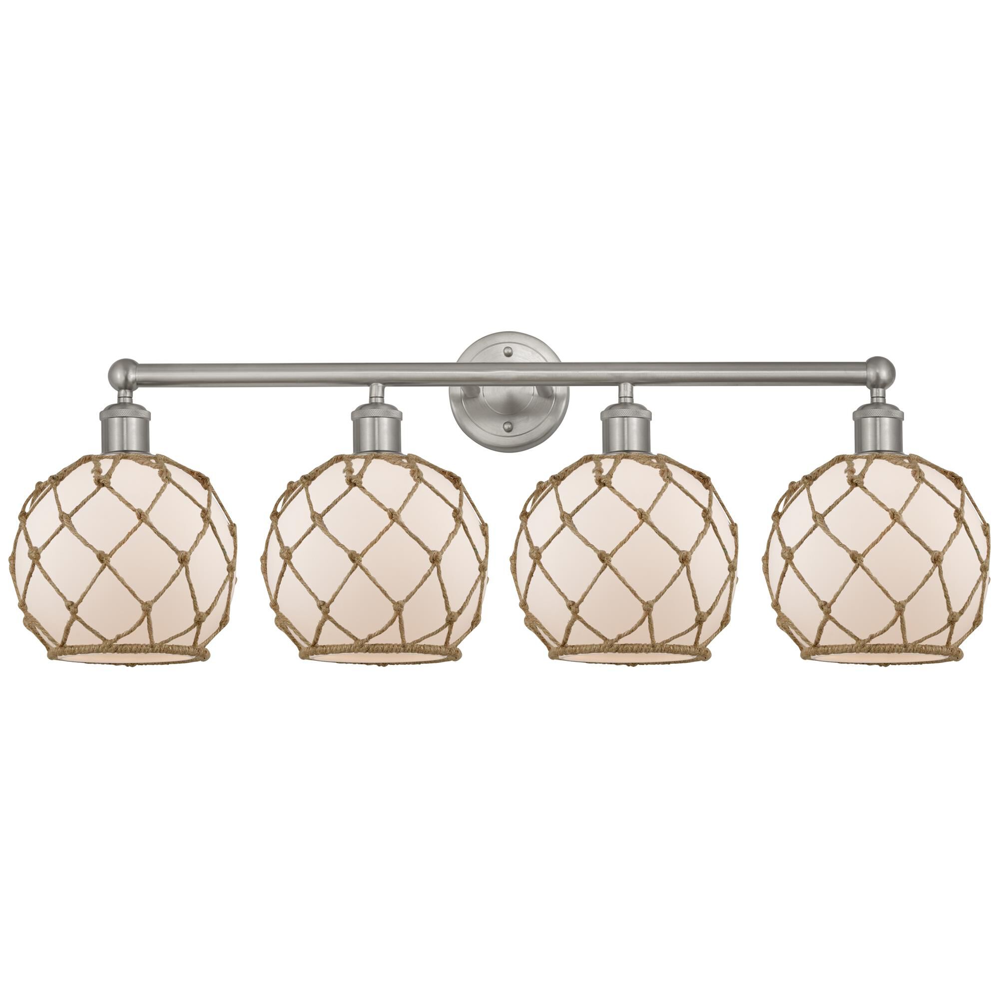 Shown in Brushed Satin Nickel finish and White with Brown Rope glass