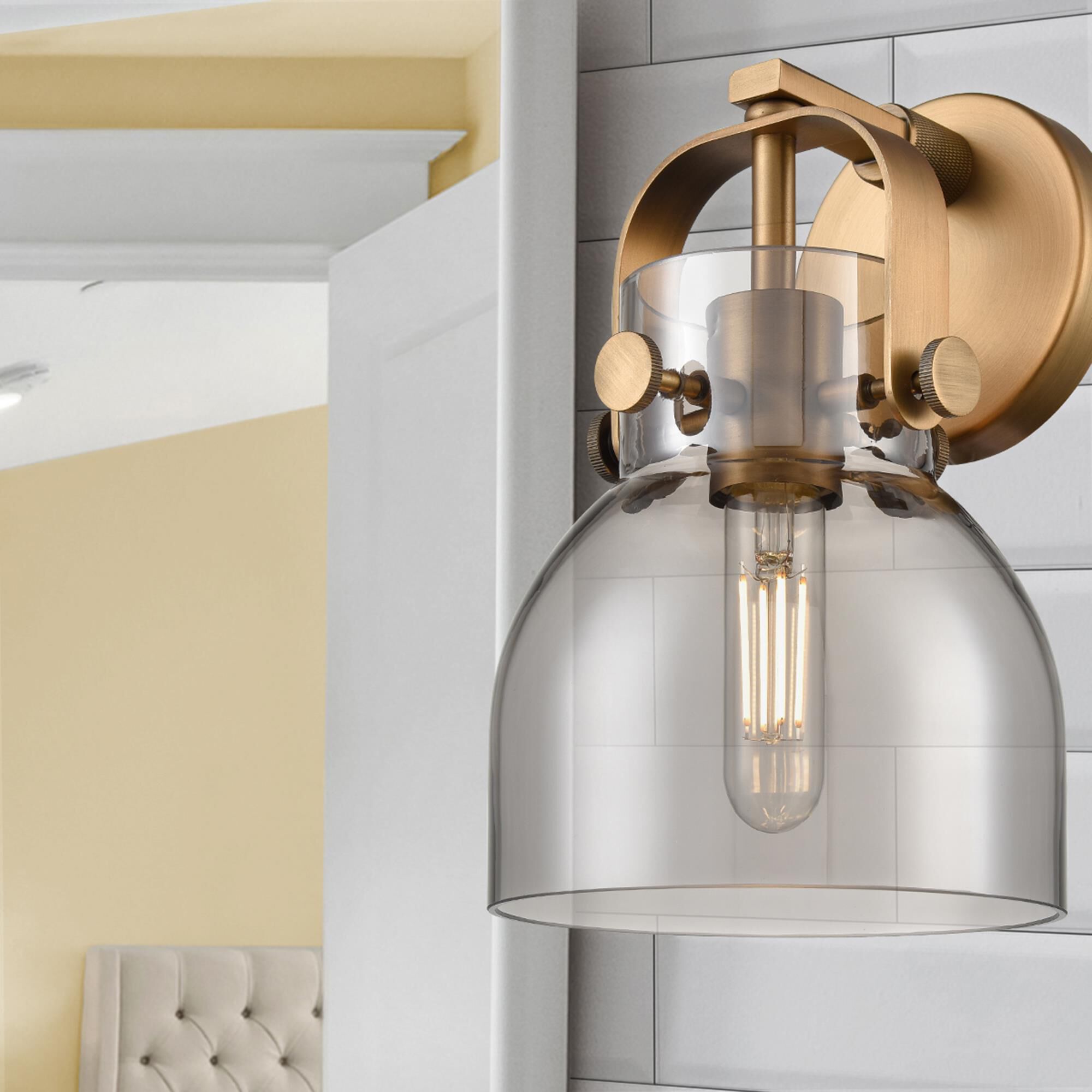 Shown in Brushed Brass finish and Plated Smoke glass