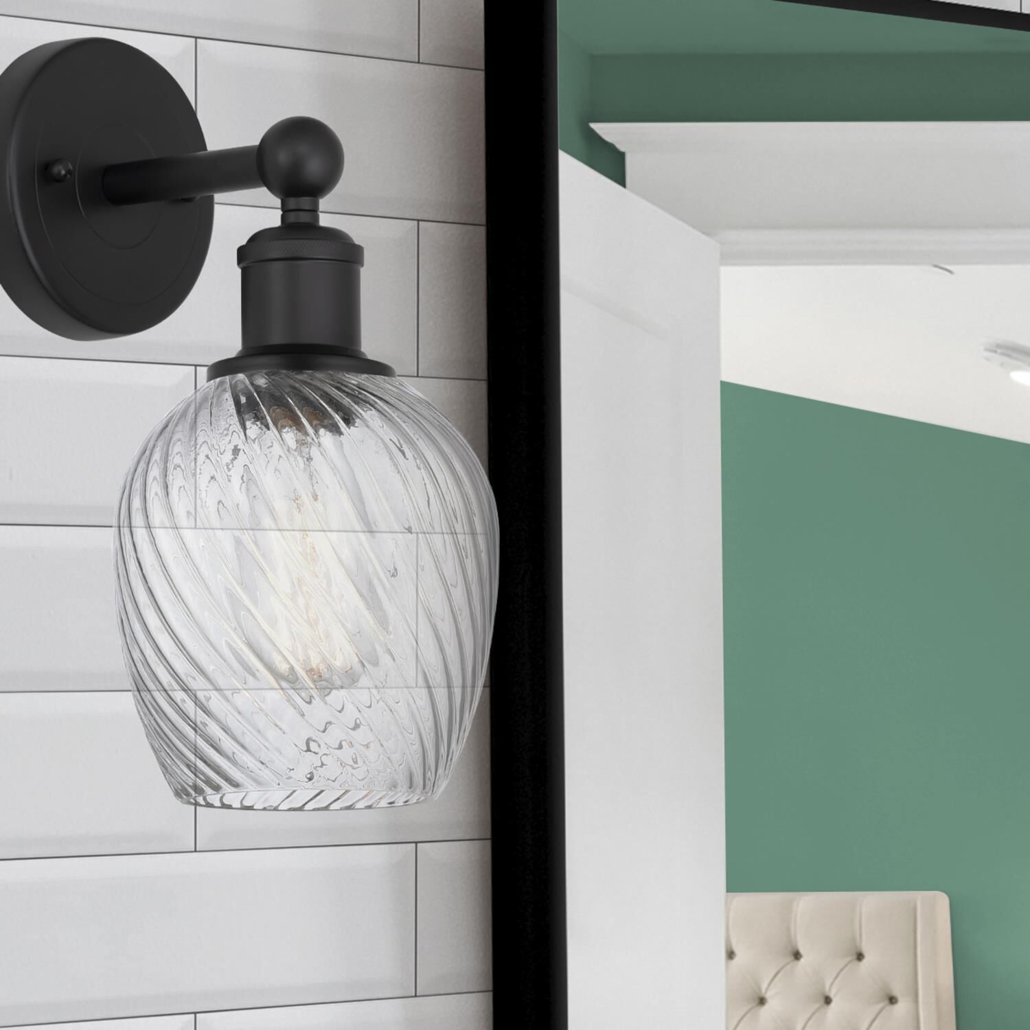 Shown in Matte Black  finish and Clear Spiral Fluted glass