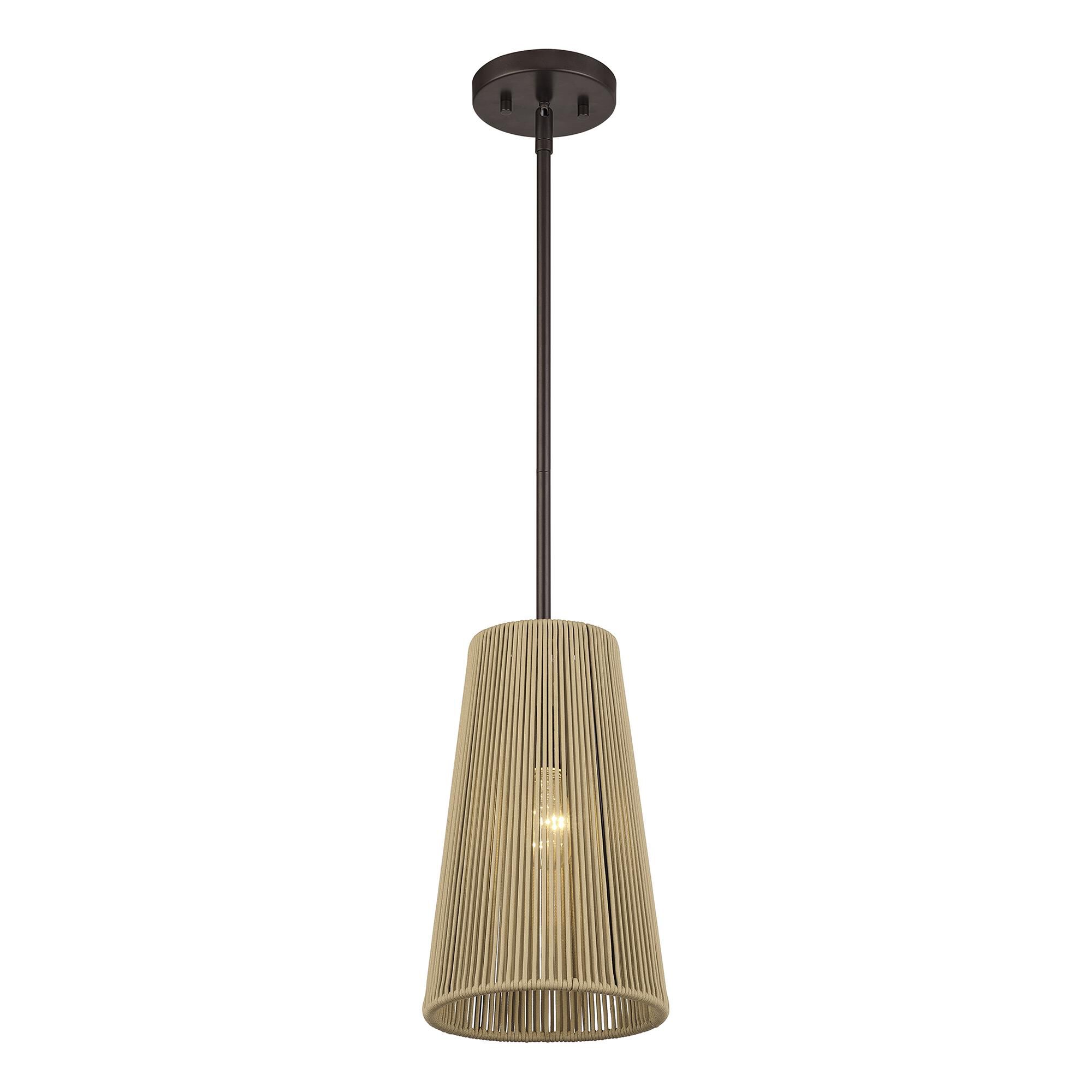 Shown in English Bronze finish and Hand-Woven Venetian Gold Color Polyester Rope shade