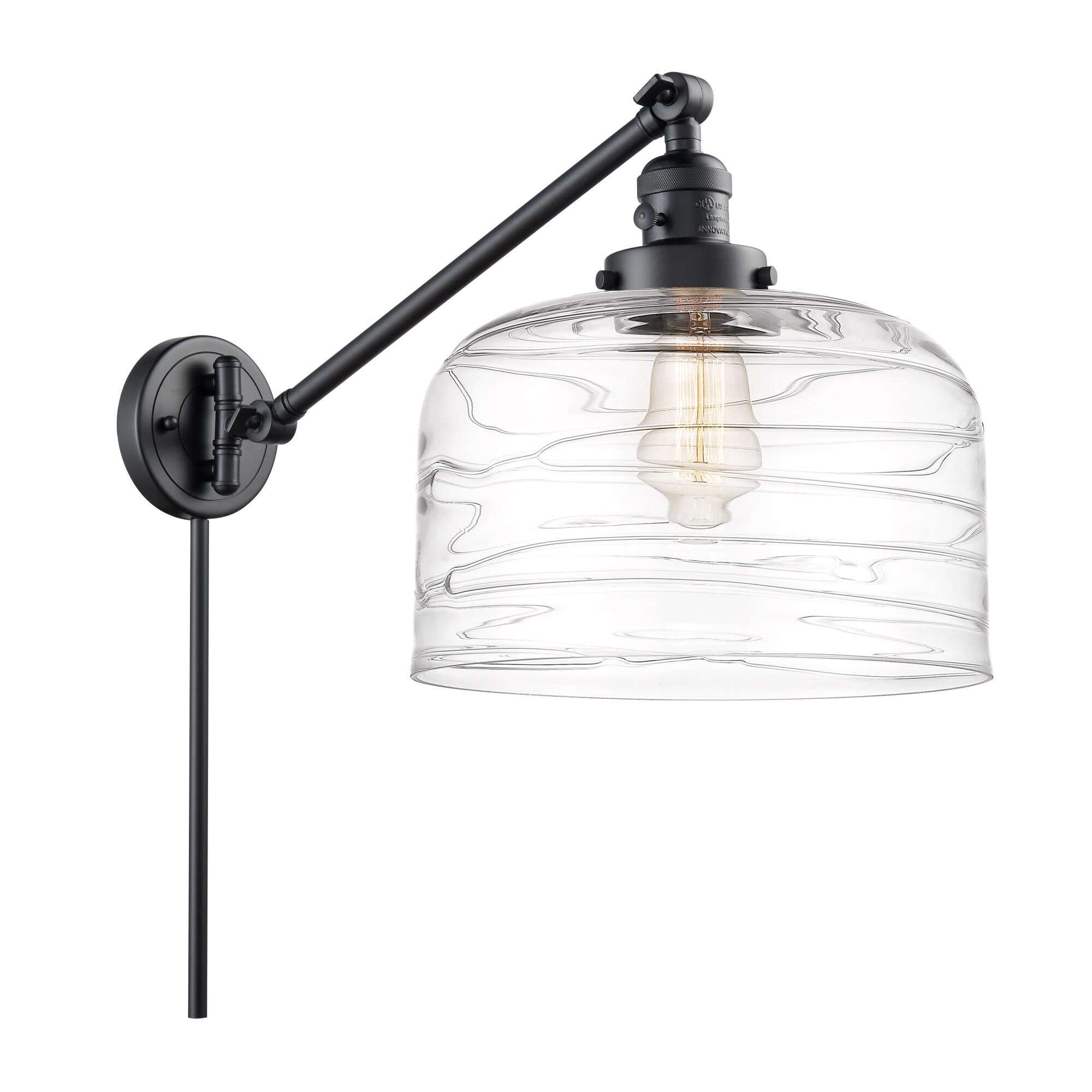 Shown in Matte Black finish and Clear Deco Swirl X-Large Bell glass