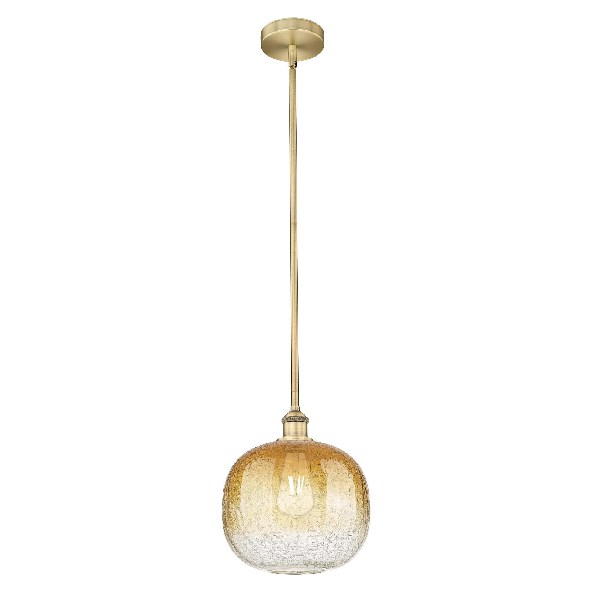 Shown in Brushed Brass finish and Amber glass