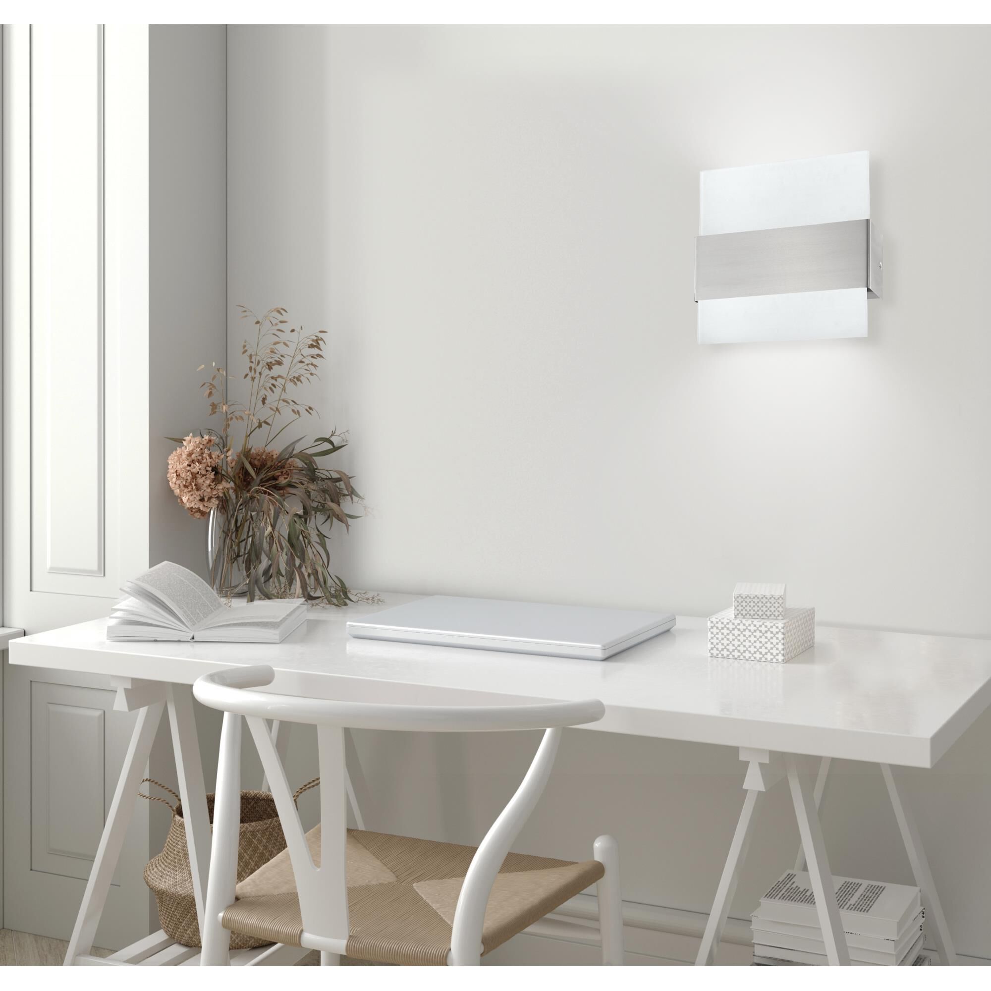 Shown in Matte Nickel finish and Satin glass and Matte Nickel Metal shade