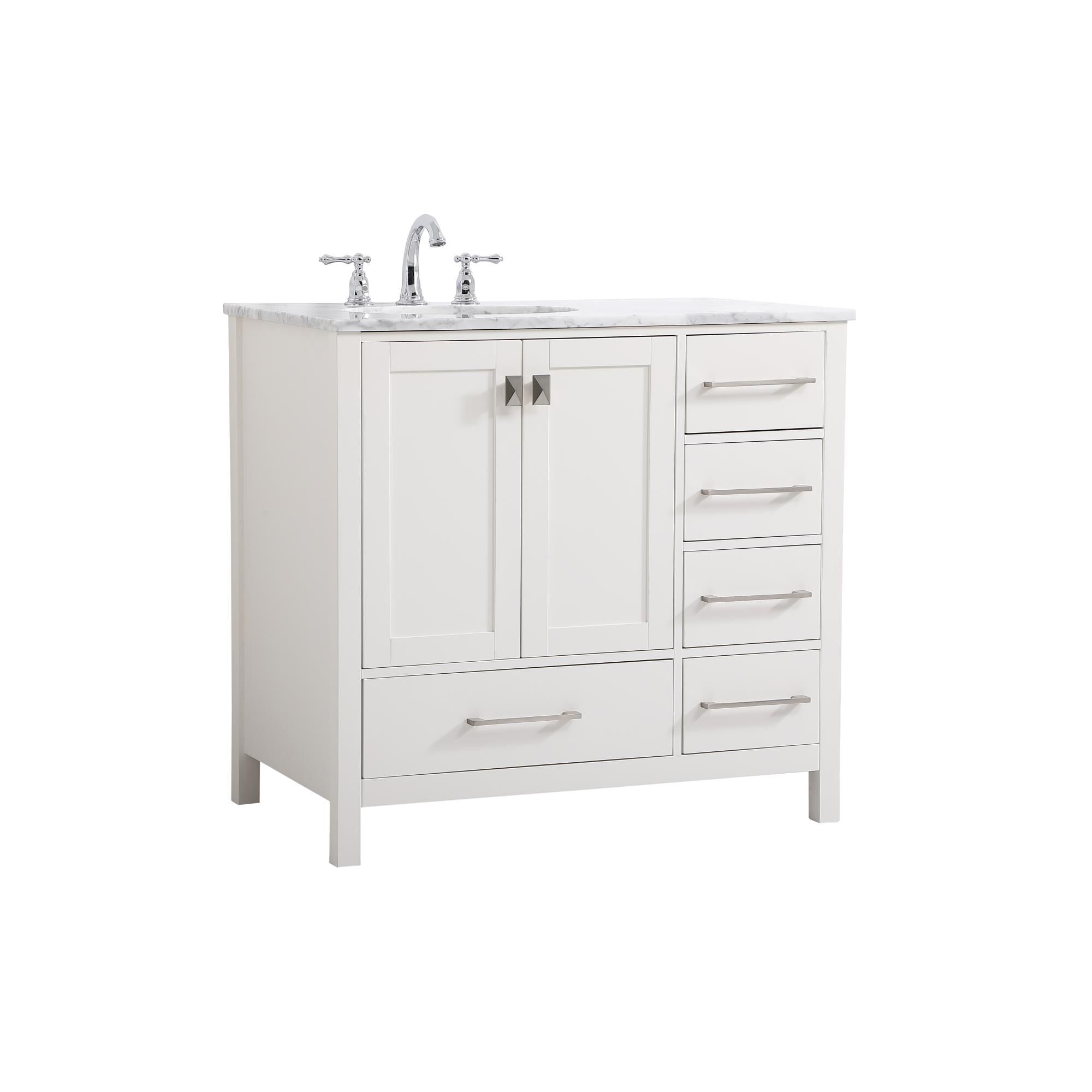 Shown in White And Brushed Nickel With Carrara White Marble finish