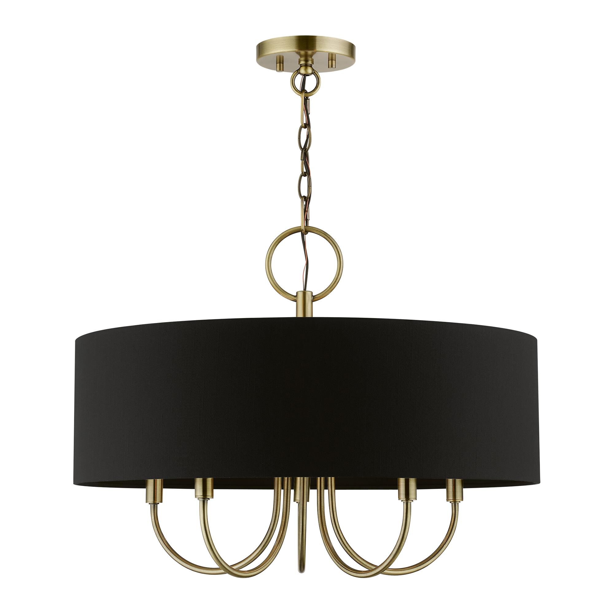 Shown in Antique Brass finish and Black Fabric Hardback shade