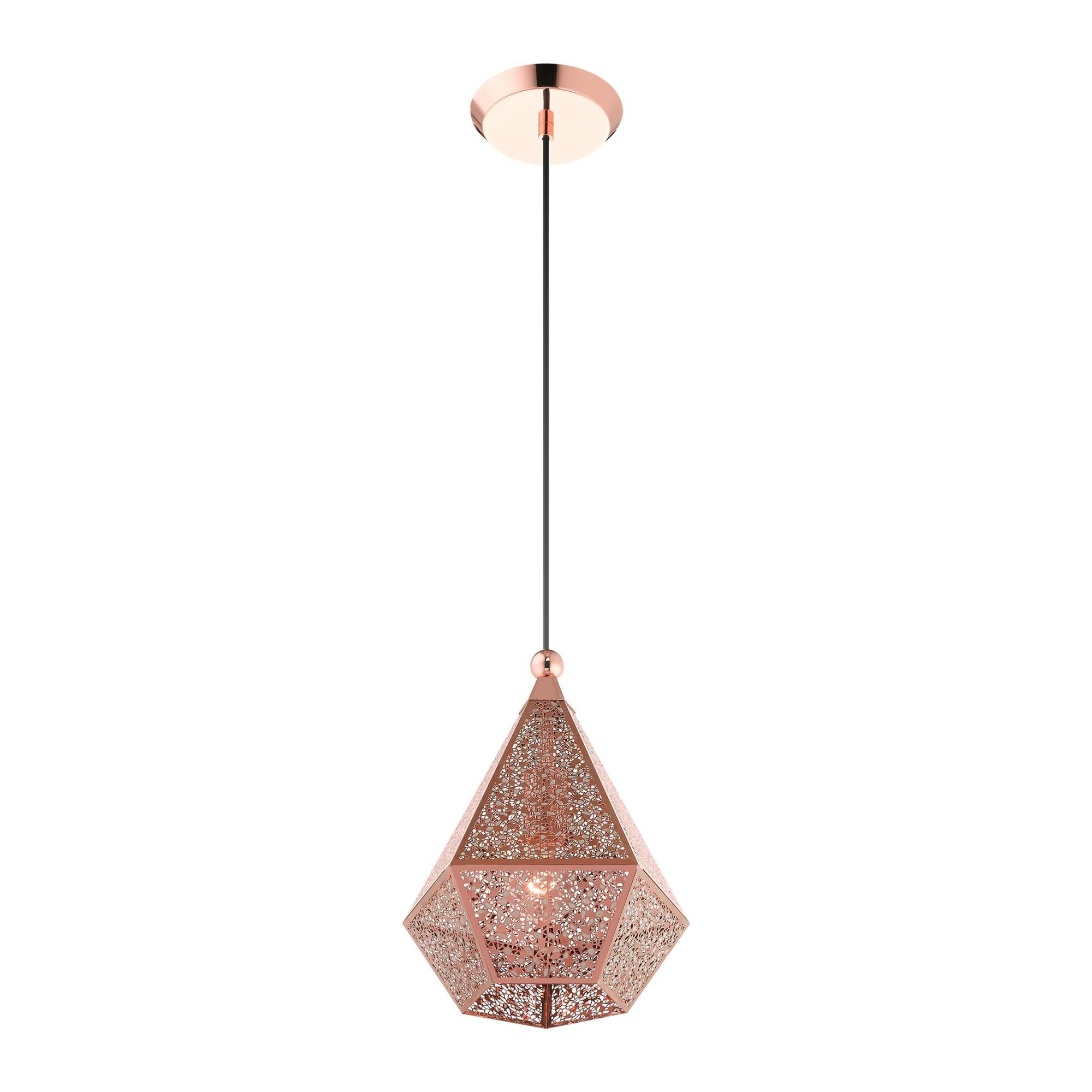 Shown in Rose Gold finish and Rose Gold Filigreed Metal Shade glass and Rose Gold Filigreed Metal shade