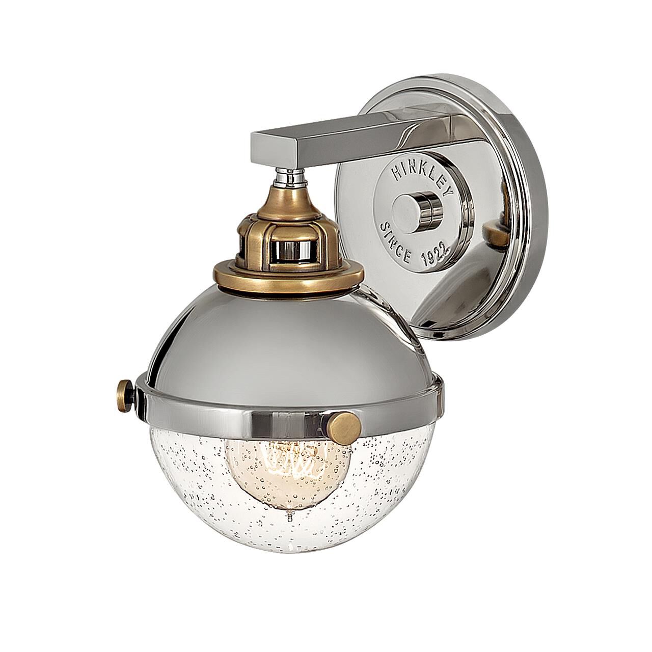Shown in Polished Nickel finish and Clear Seedy glass and Heritage Brass accent