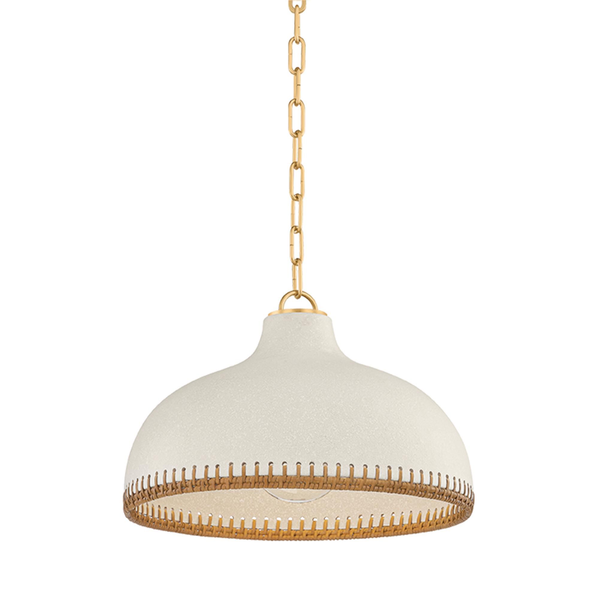 Shown in Aged Brass and Ceramic Cream Pebble finish and Rattan Weave Ceramic shade
