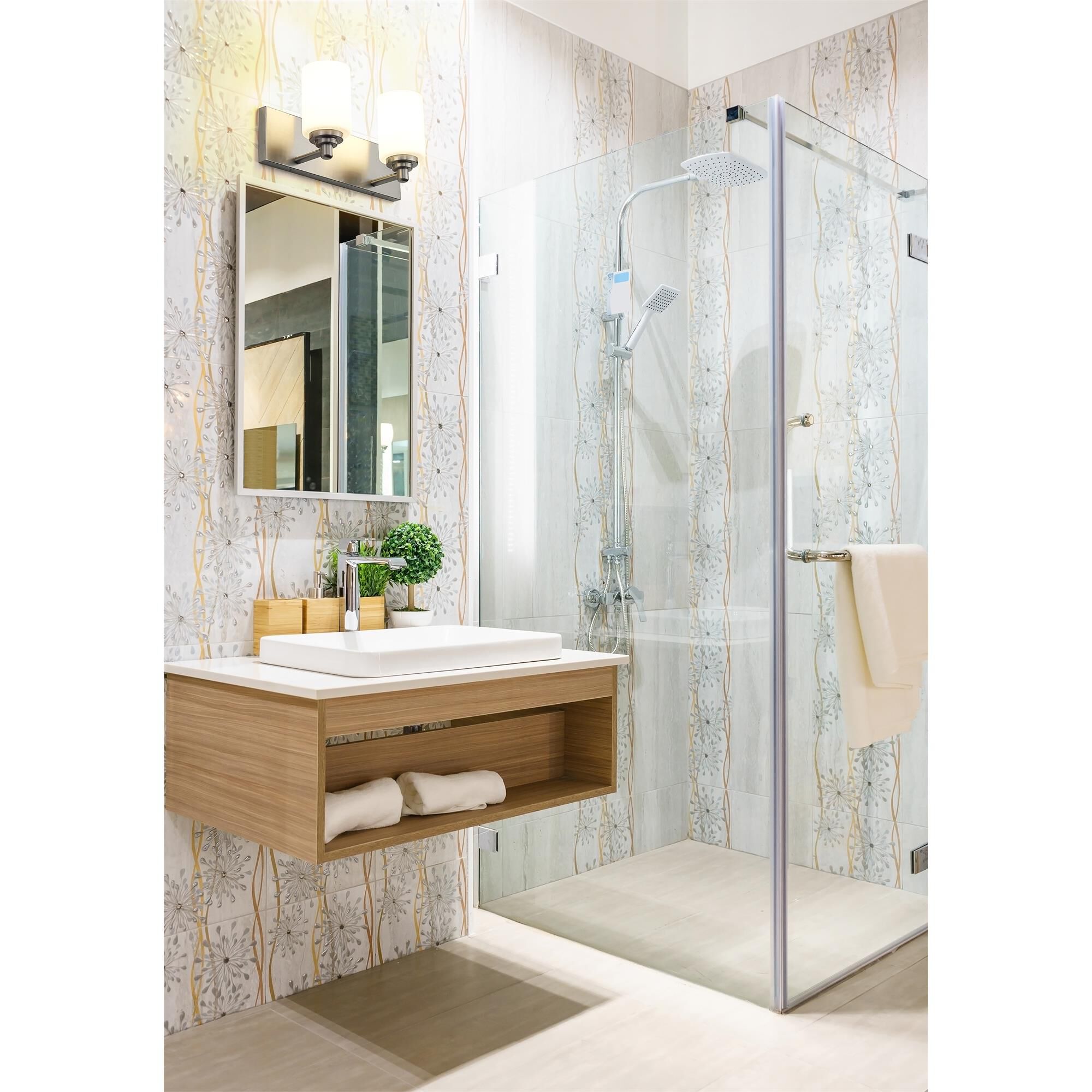Shown in Brushed Nickel finish and White glass