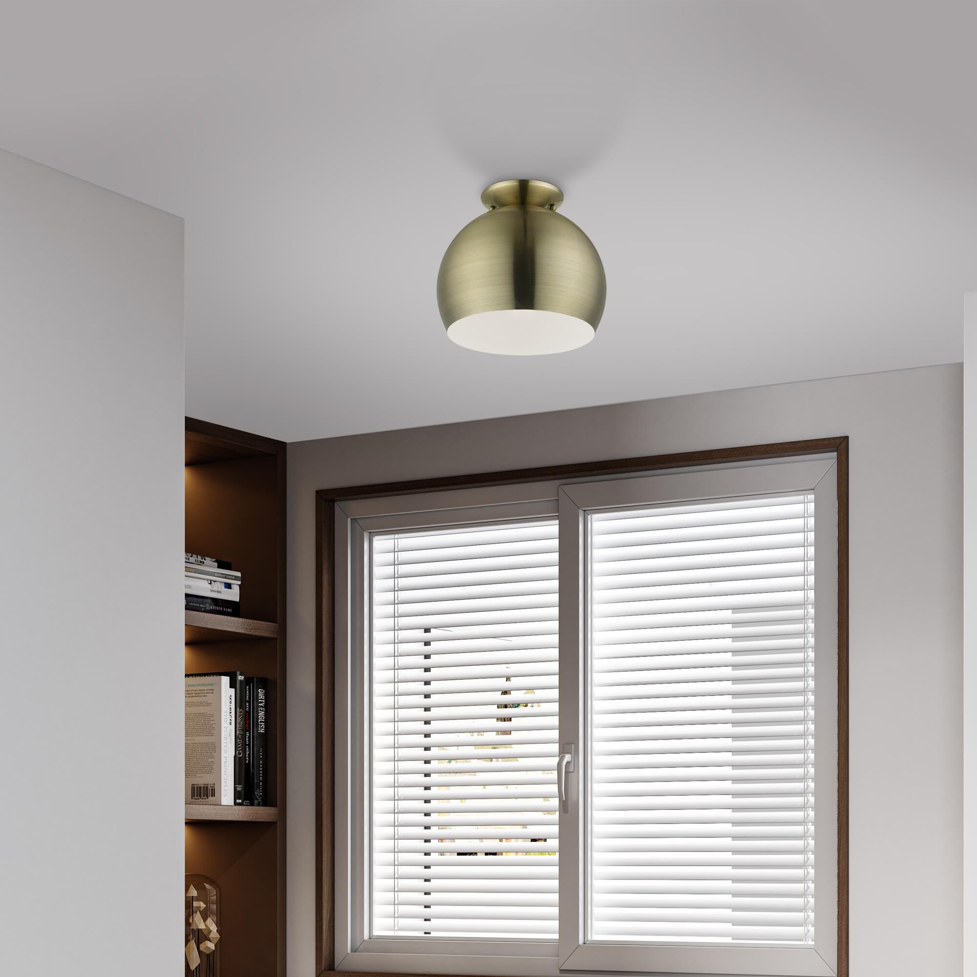 Shown in Antique Brass finish and Antique Brass Metal with White Inside shade