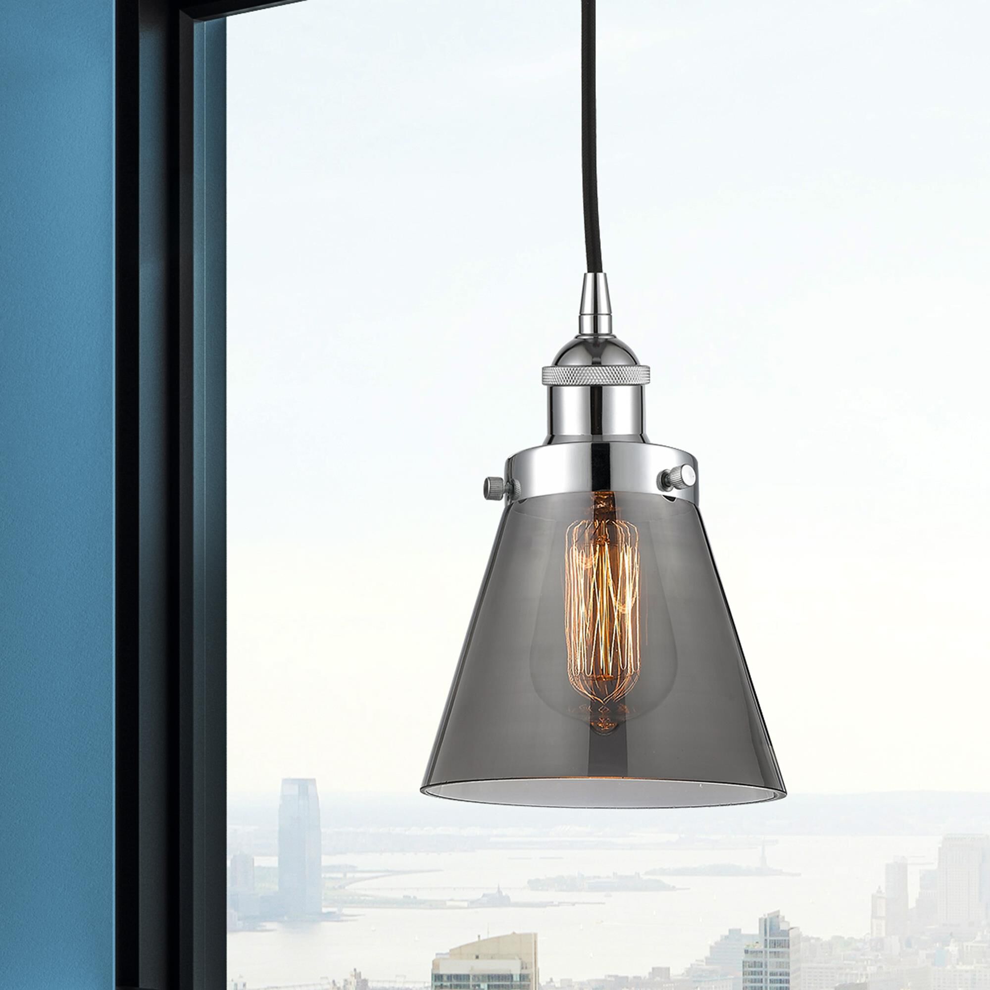 Shown in Polished Chrome finish and Plated Smoke Small Cone glass