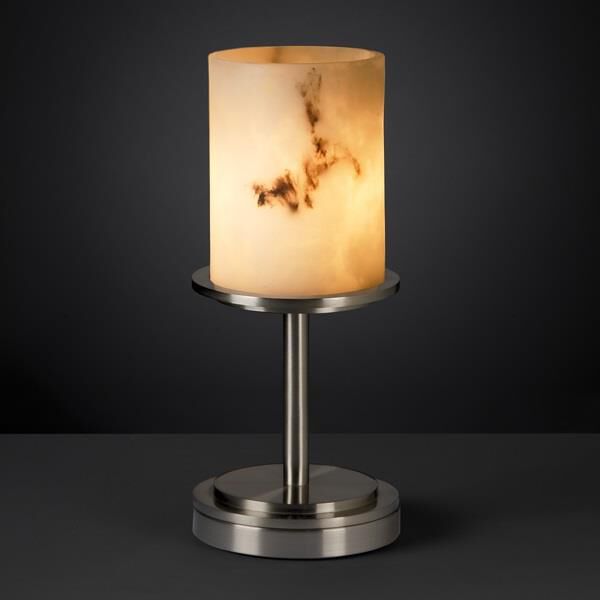 Shown in Brushed Nickel finish and Faux Alabaster Resin glass and Cylinder with Flat Rim (FAL) shade and Cylinder with Flat Rim accent