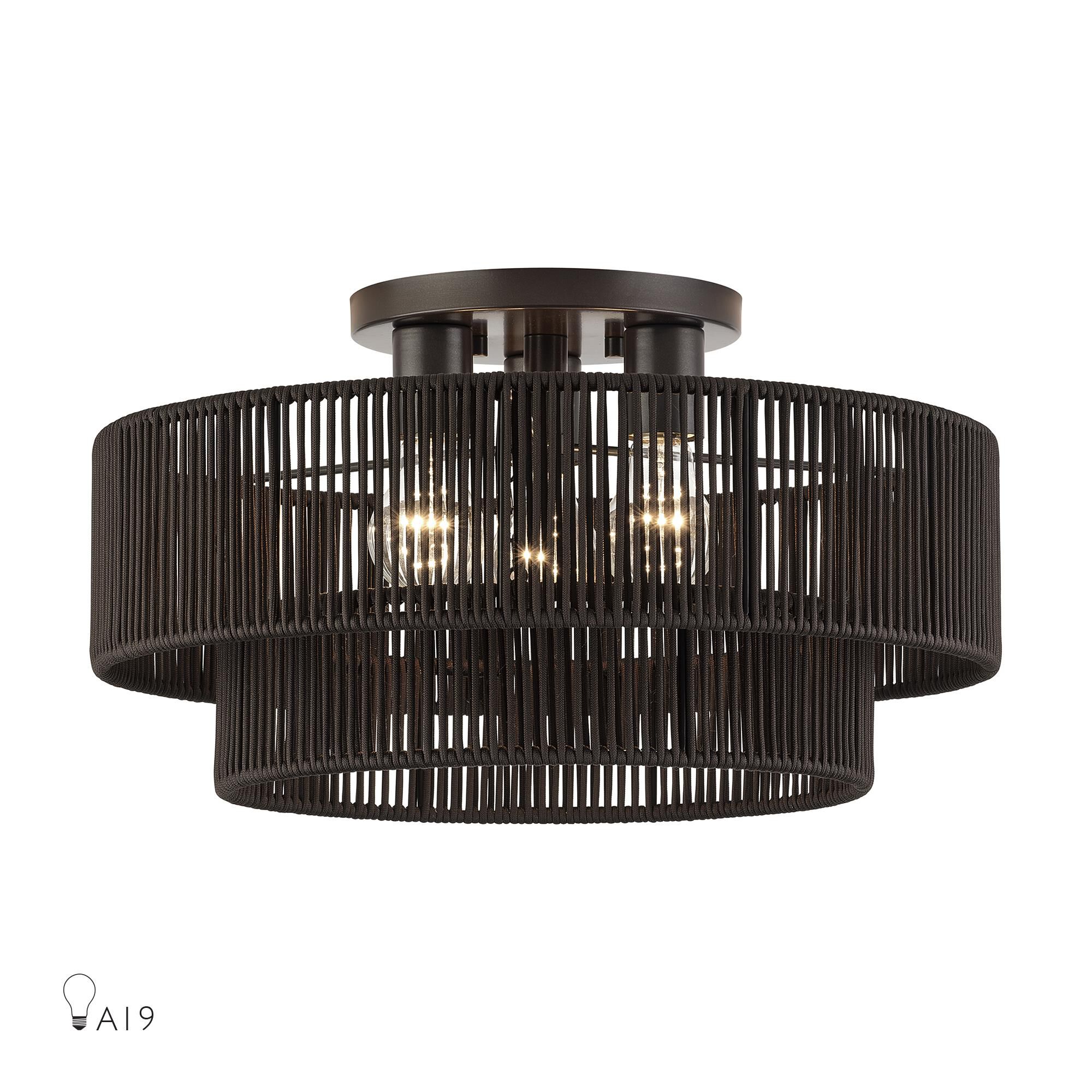 Shown in English Bronze finish and Hand-Woven Dark Chocolate Color Polyester Rope shade