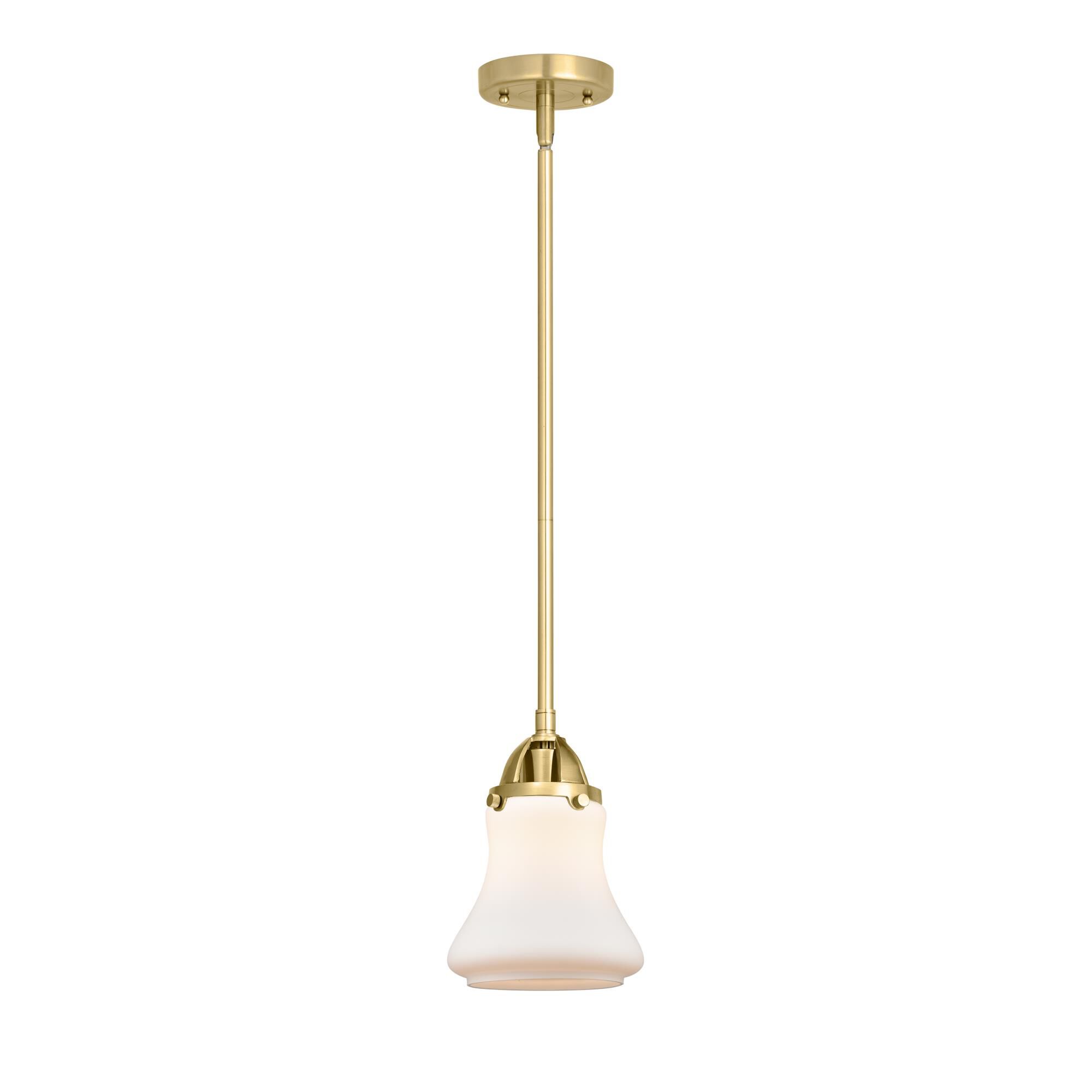 Shown in Satin Gold finish and Matte White Bellmont glass and No Shade shade