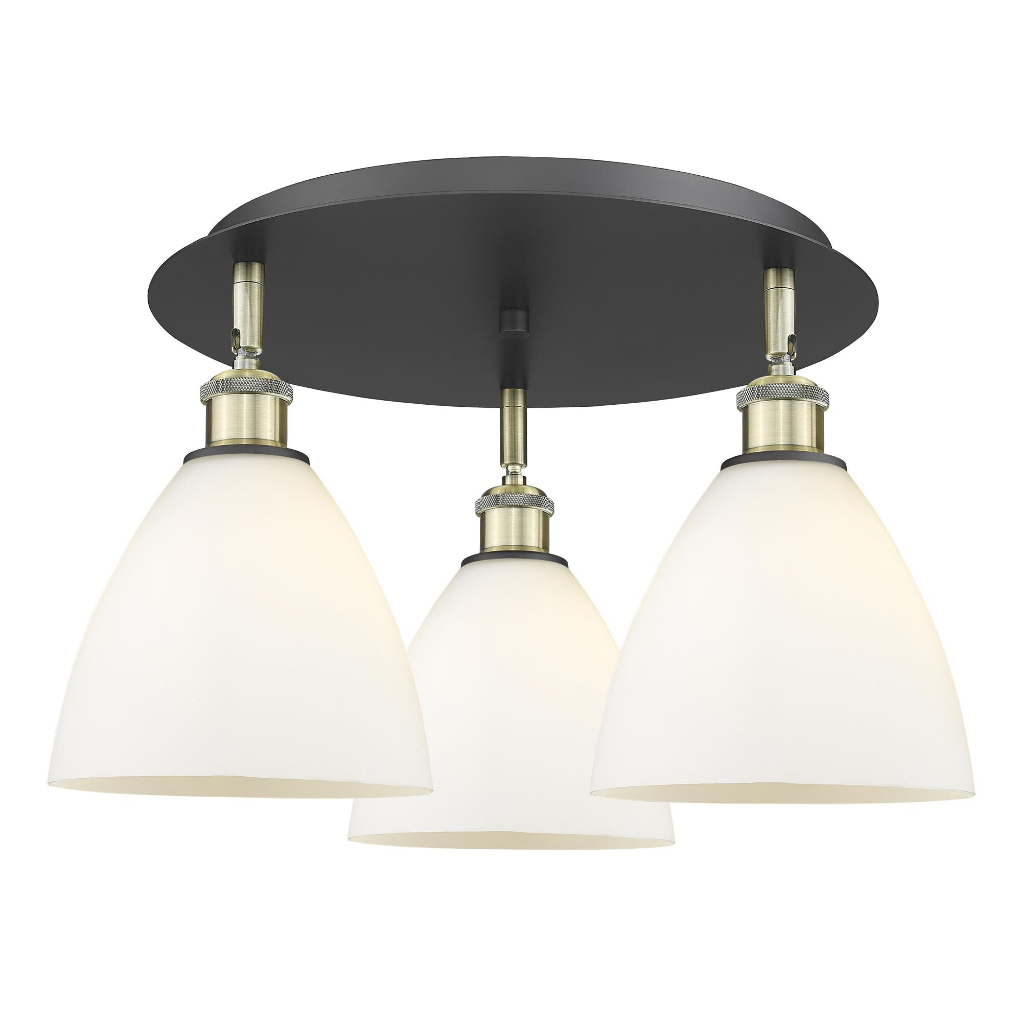 Shown in Black Antique Brass finish and Matte White glass