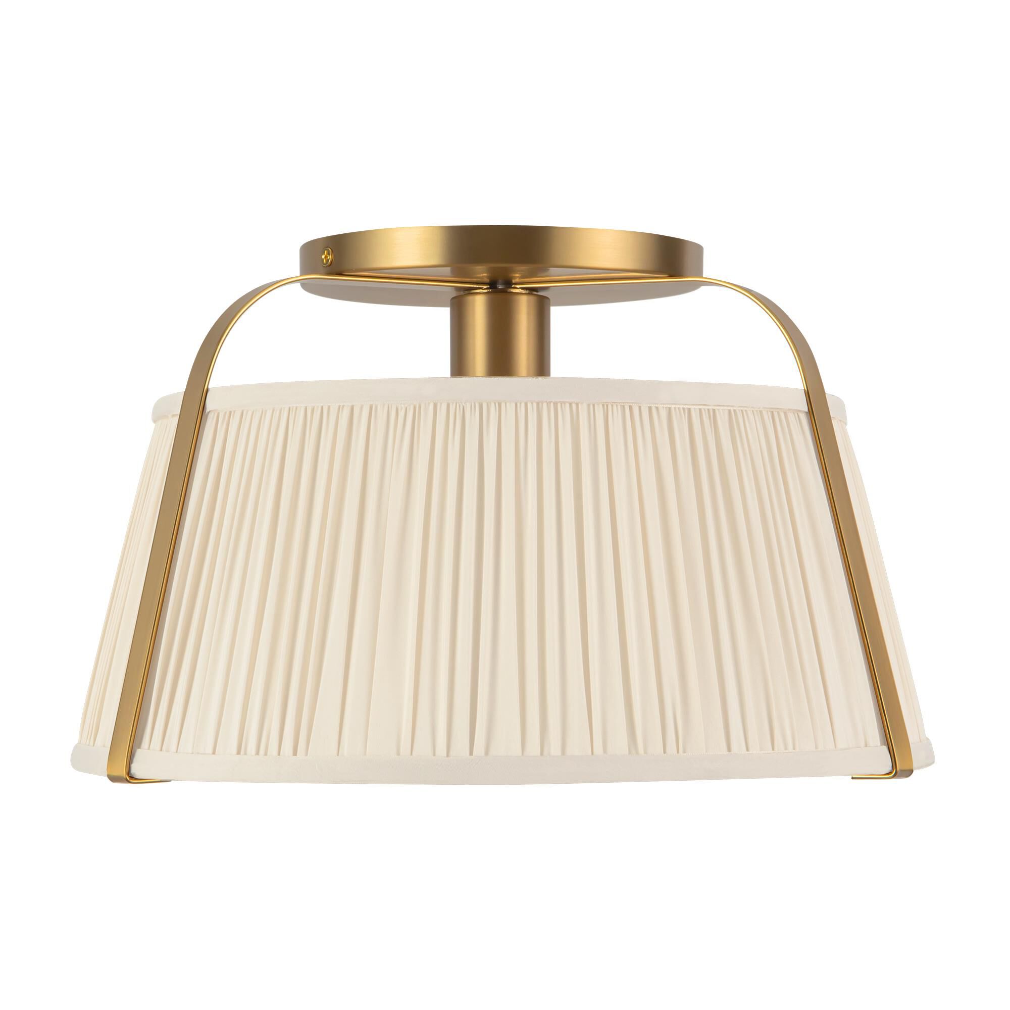 Shown in Brushed Gold finish and Frosted Polycarbonate Diffuser glass and White Linen shade