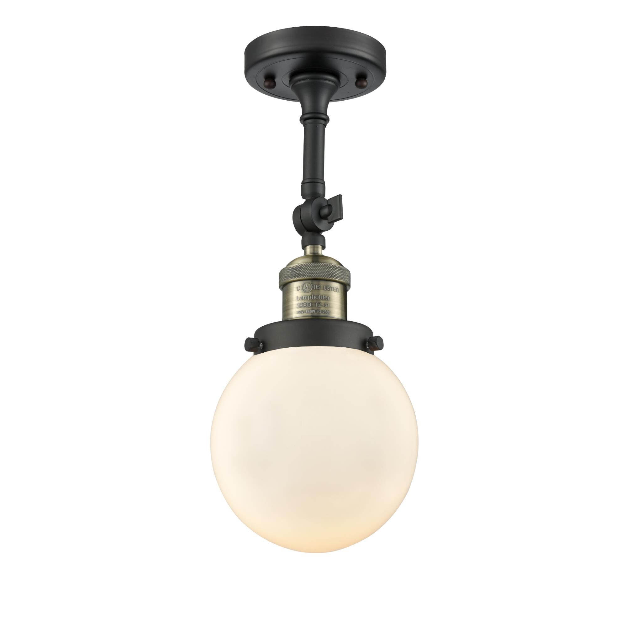 Shown in Black Antique Brass finish and Matte White Cased glass