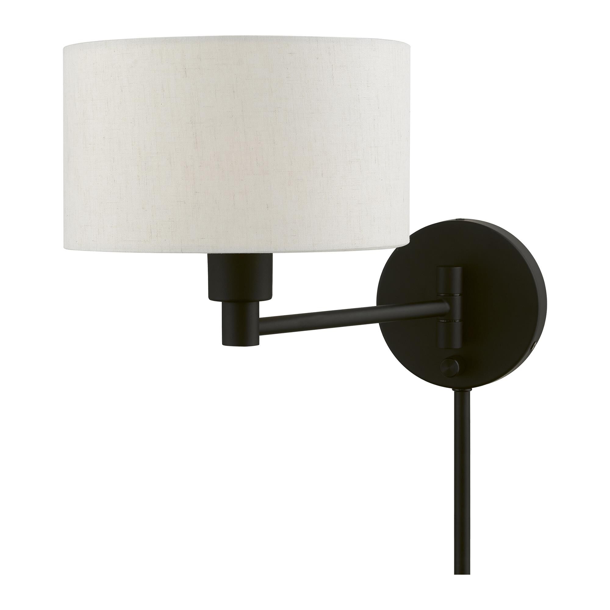 Shown in Black finish and Hand Crafted Oatmeal Color Hardback Fabric shade