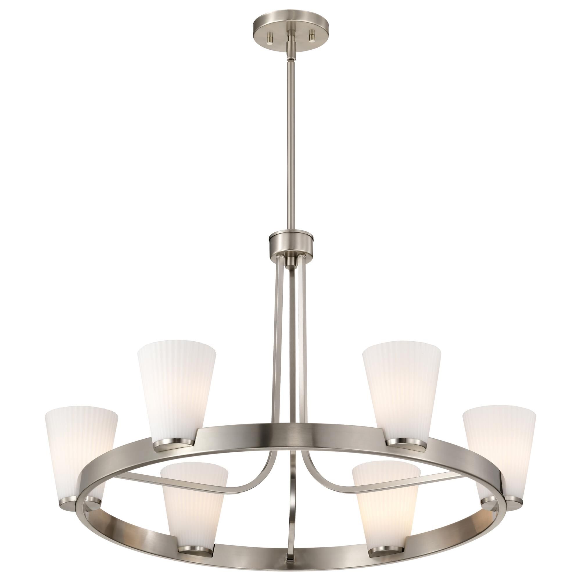 Shown in Brushed Nickel finish and Ribbed White glass
